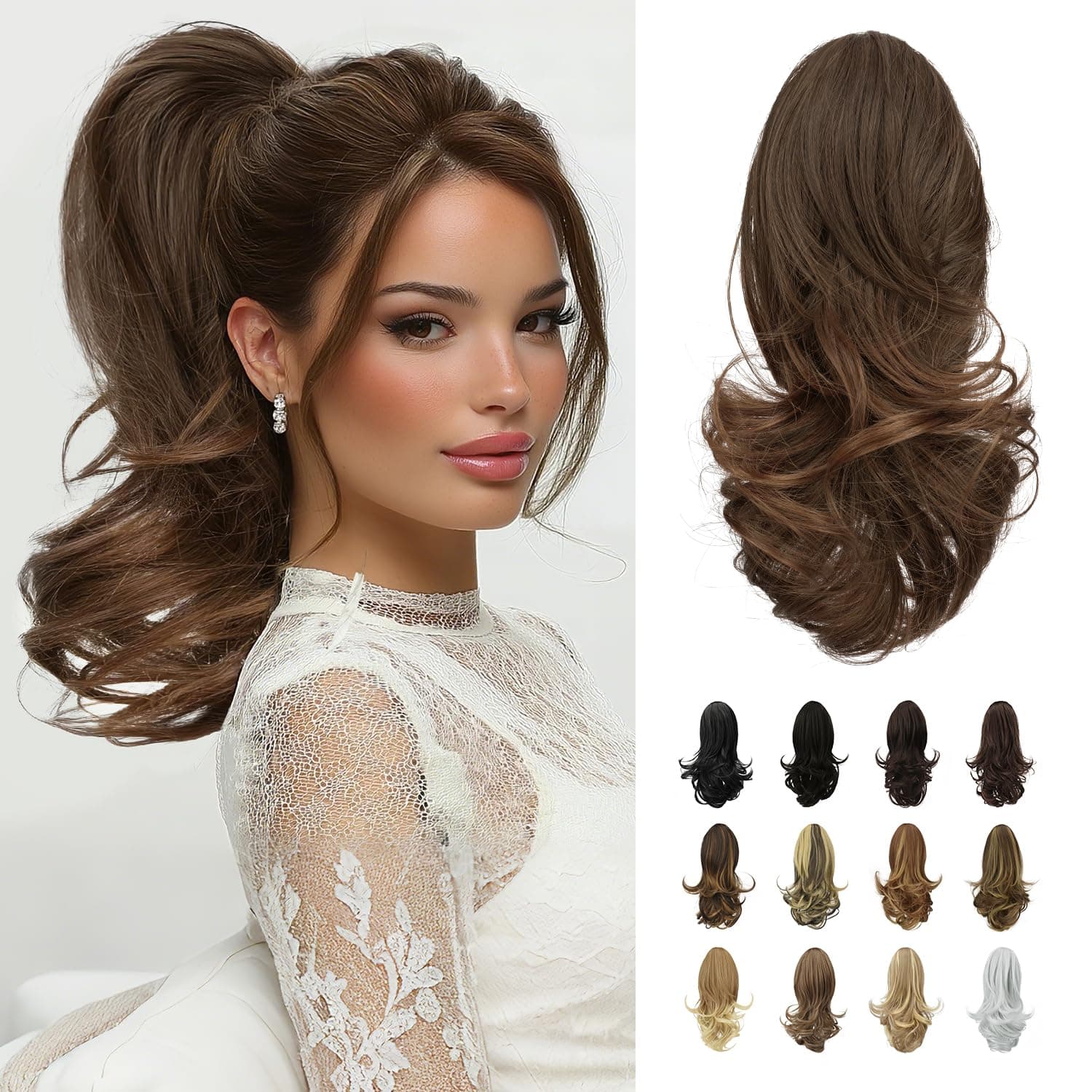 SOFEIYAN 13" Ponytail Extension Long Curly Ponytail Clip in Claw Hair Extension Natural Looking Synthetic Hairpiece for Women, Auburn Mix