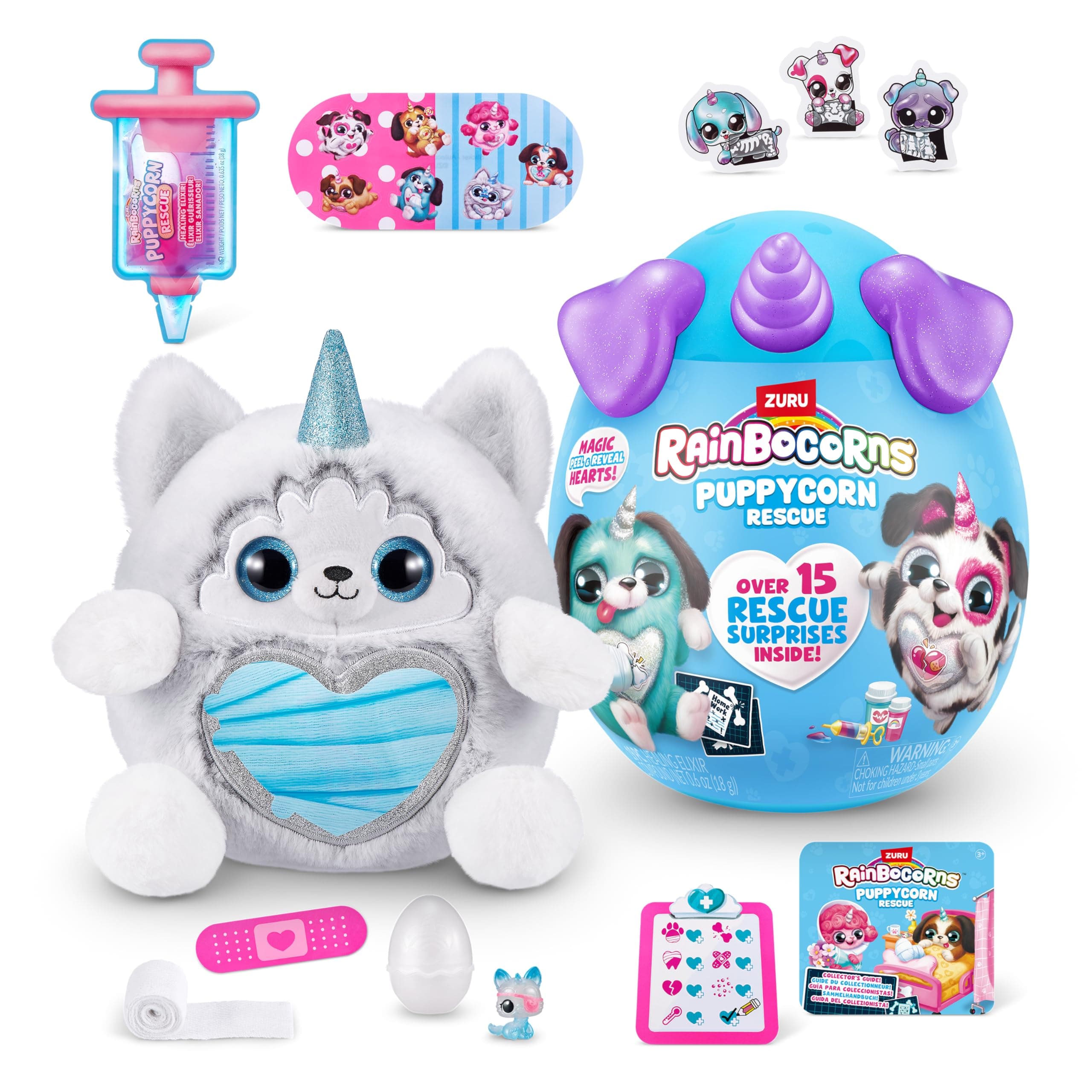 Puppycorn Rescue (Husky) by ZURU, Collectible Plush, Stuffed Animal Girl Toys, Surprise Egg, Stickers, Syringe Slime, Ages 3+ for Girls, Children