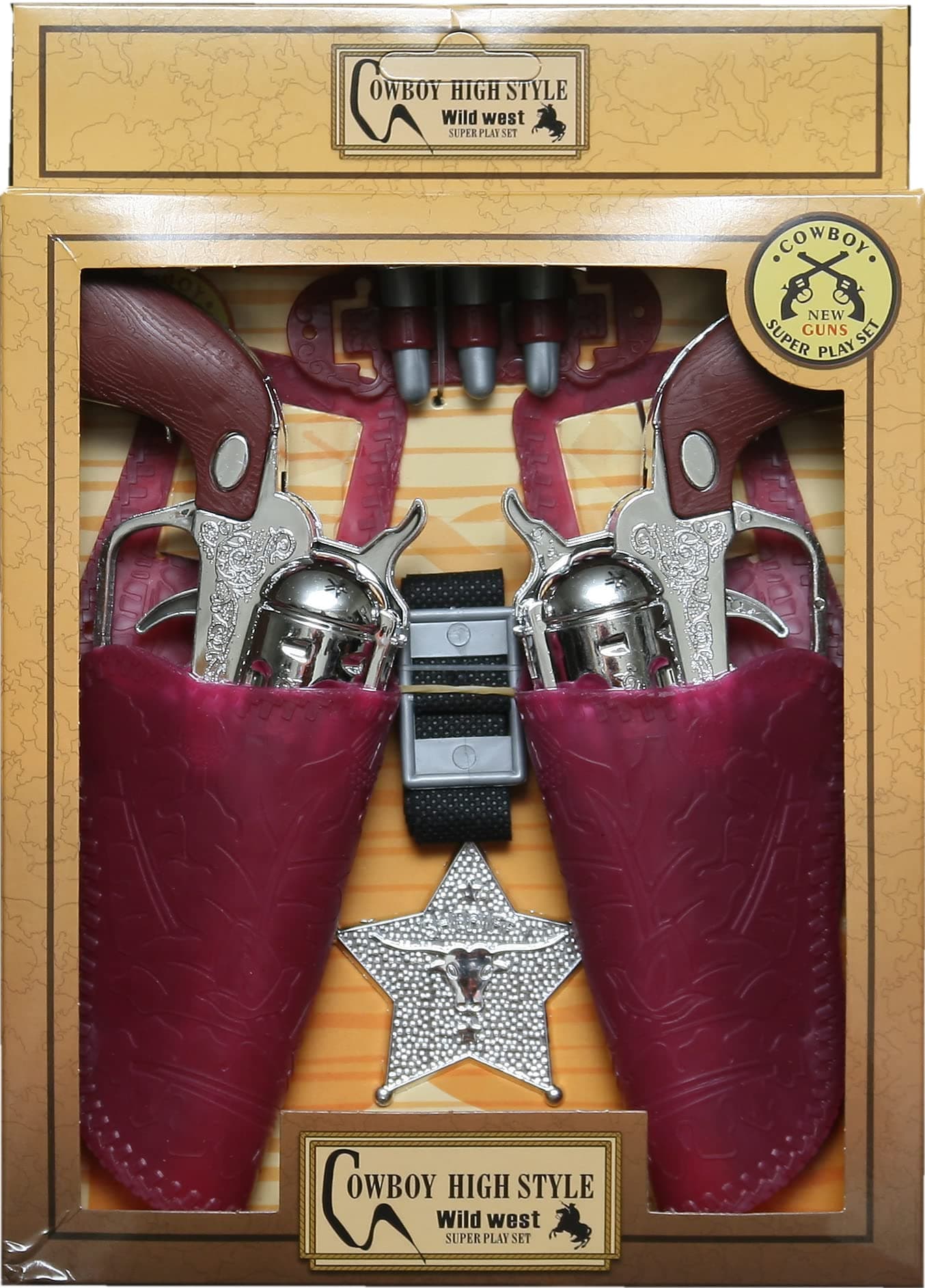 COWBOY DOUBLE GUN AND HOLSTER SET BROWN - FOR KIDS ONLY- NOT SUITABLE FOR ADULTS- APPROX 6 1/2" IN SIZE (APPROX.)