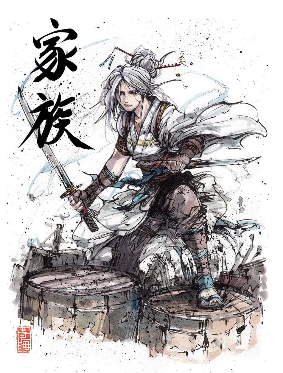 8x10 PRINT Female Samurai with Japanese calligraphy Family - Ciri samurai parody