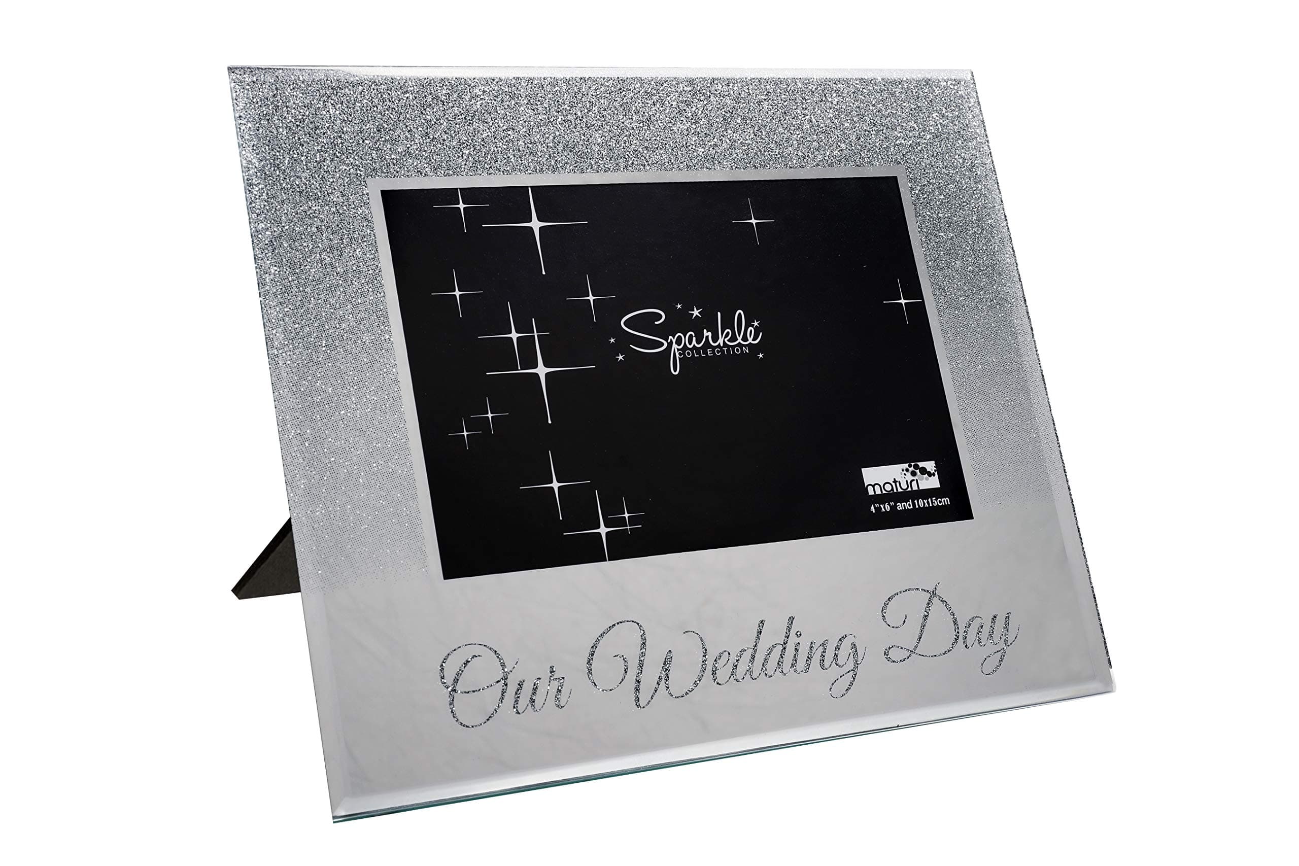 Maturi Silver Glitter Photo Frame, Mirrored 6 x 4 Inch, Our Wedding Day Gift