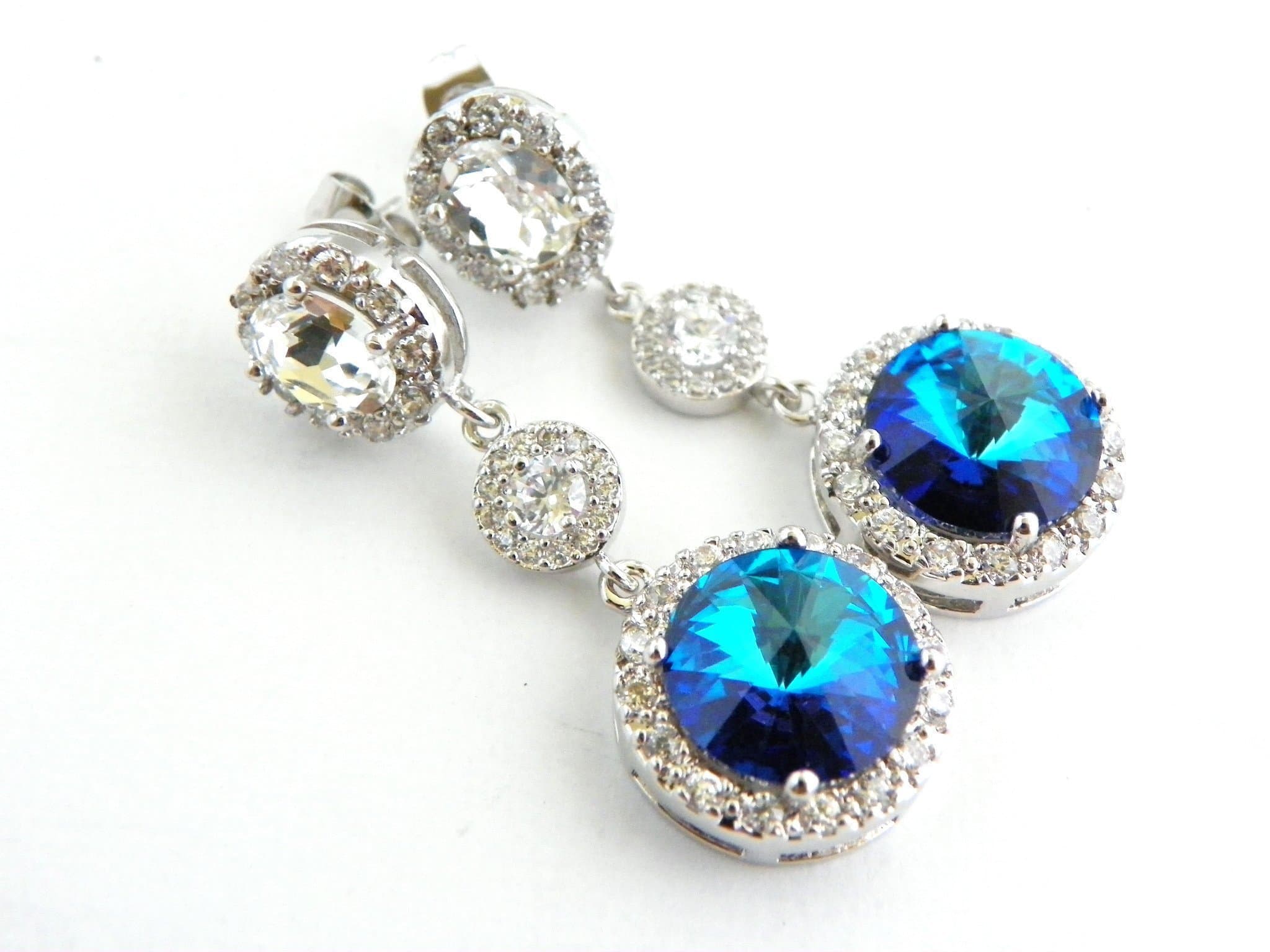 Bermuda Blue Bridesmaid or Bridal Wedding Earrings Swarovski Crystal Jewelry Long Dangle Post Earings - Choose from Round or Oval Clear Top