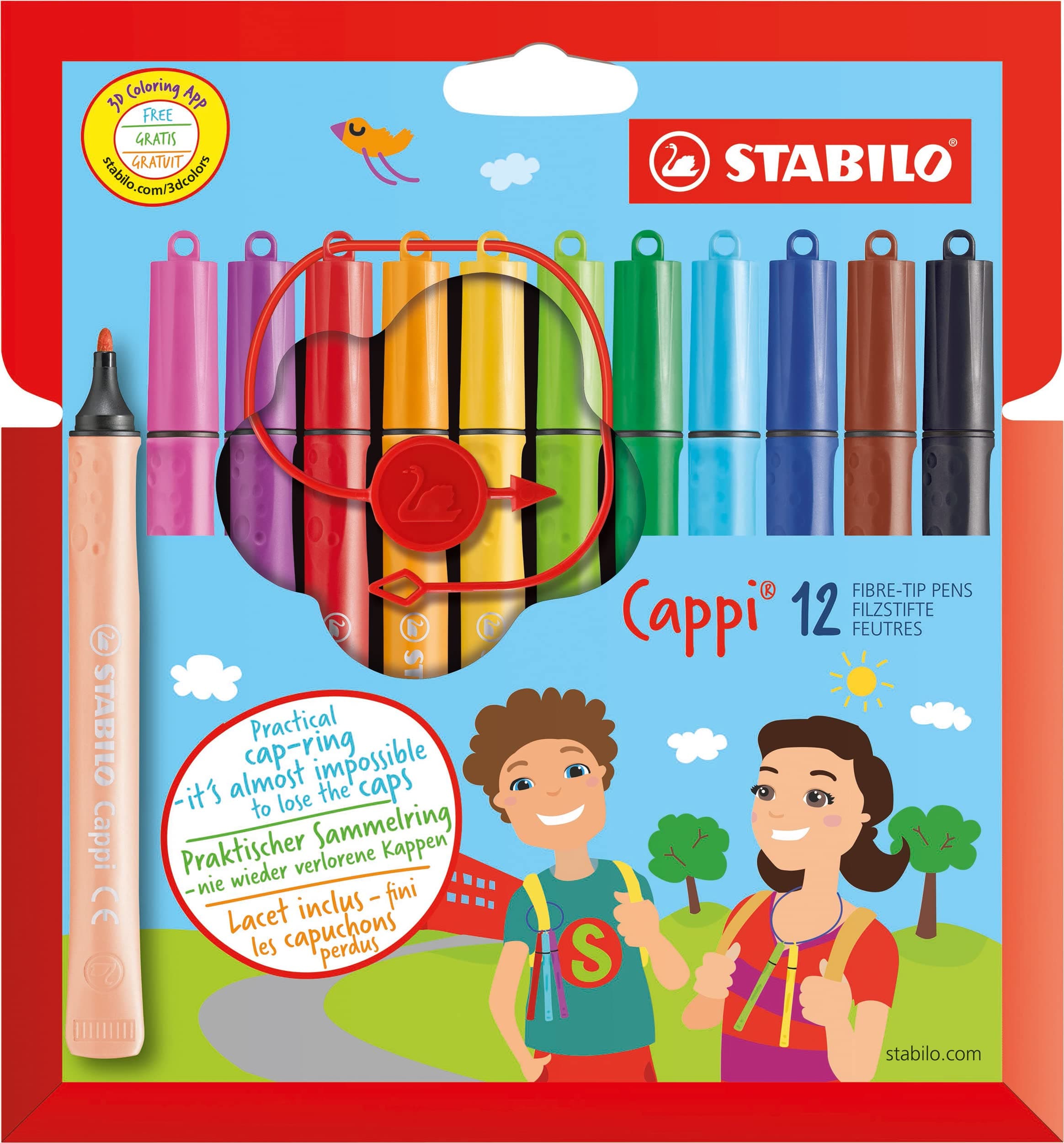 STABILO Felt Tip Pen - Cappi Wallet Of 12 + 1 Cap-Ring