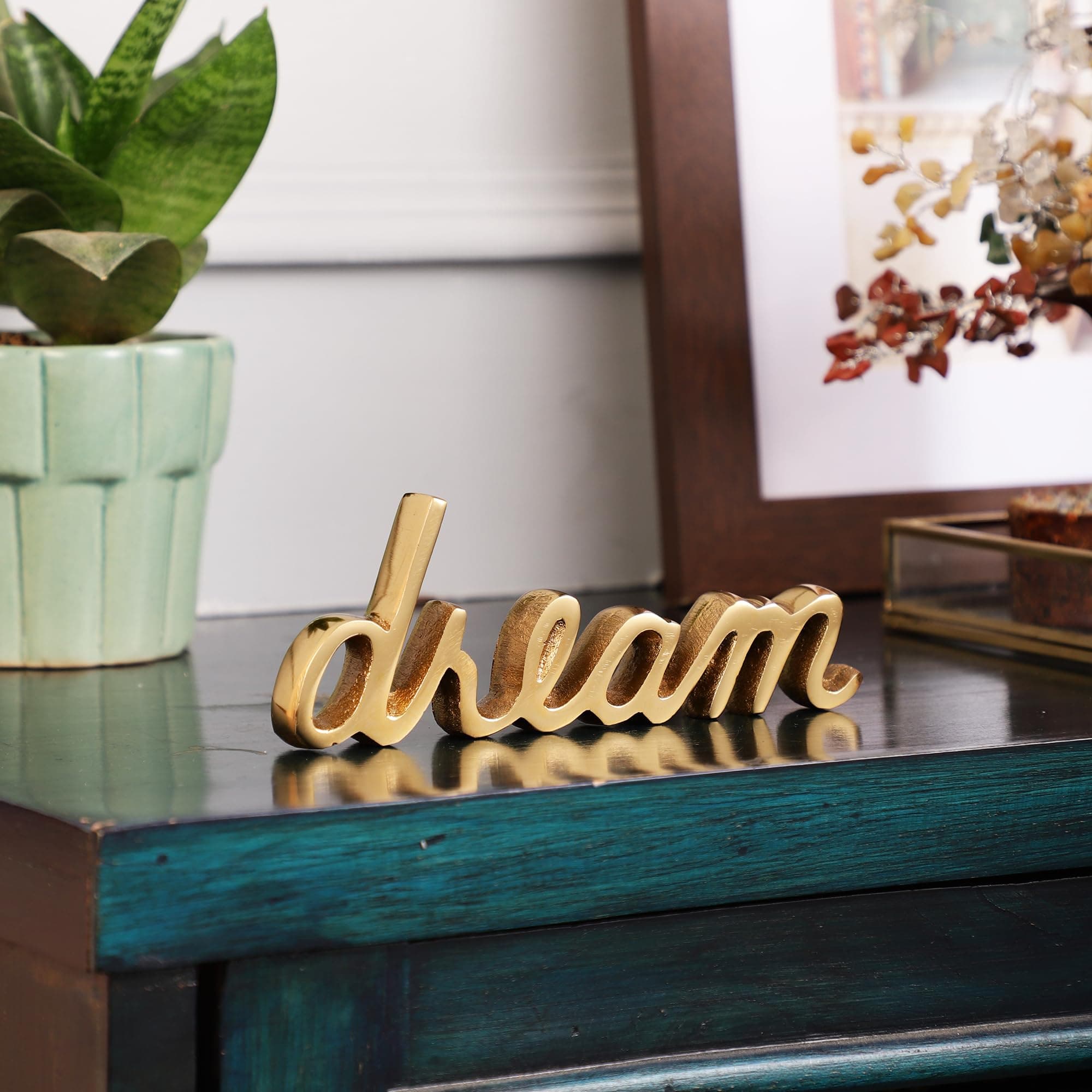 PURESTORY Dream Sign Decor | Decorative Items For Home Living Room | Metal Word Sign | Gift Items For Home Decoration | Decoration For Room, Library | Tabletop For Gallery & Office - Gold