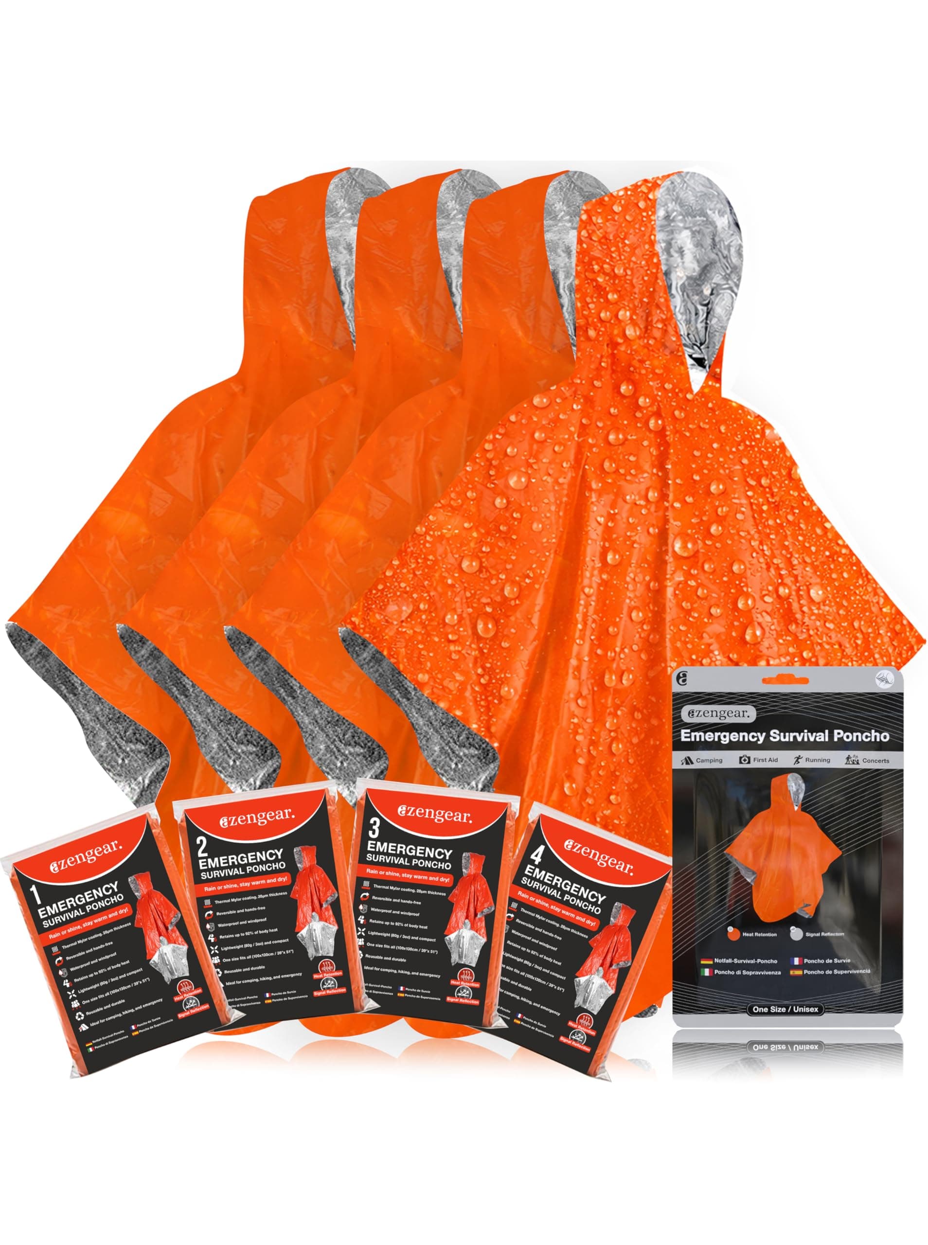 aZengear Emergency Survival Poncho (4pc) Thermal Mylar Foil Coating Blanket for Heat Retention and Rain | Reversible with Hood | Waterproof, Windproof, Portable, Hands-free, Outdoor Kit