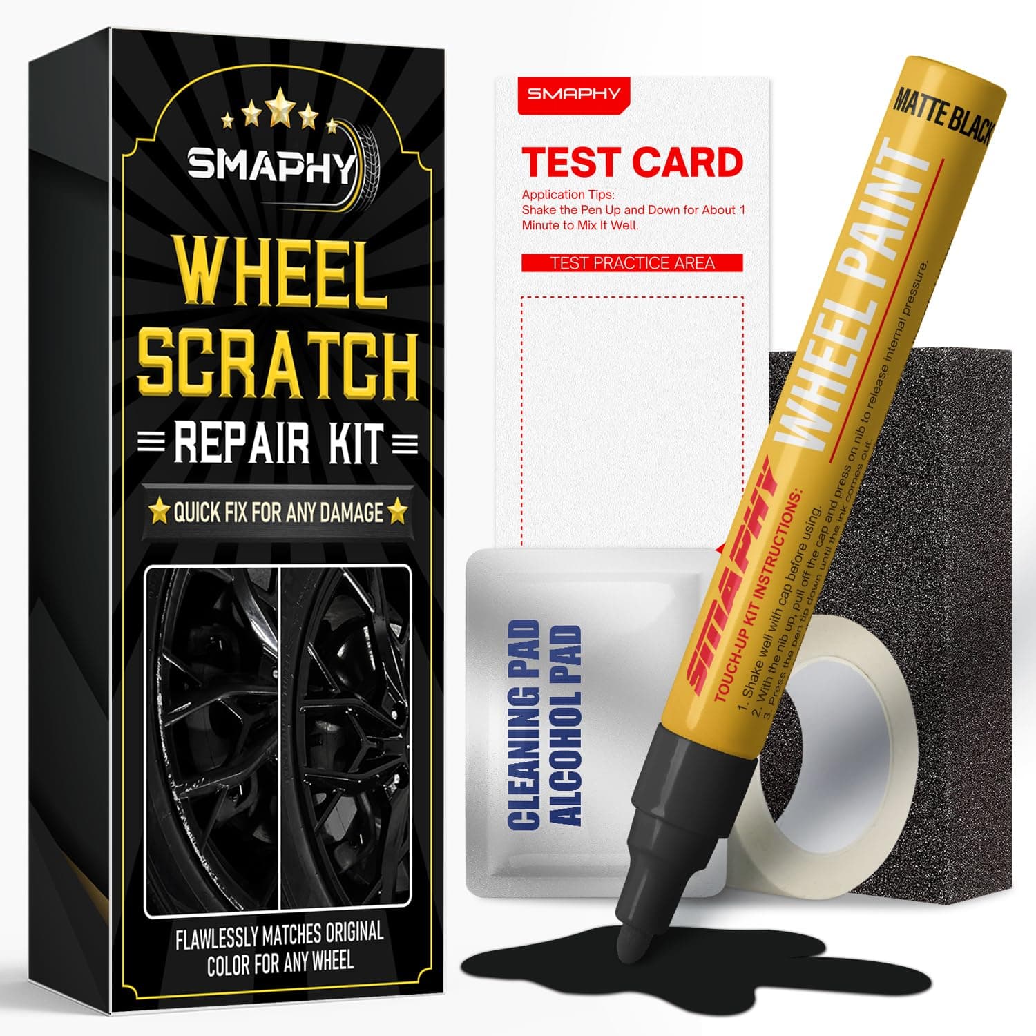 Smaphy Wheel Repair Kit, Matte Black Rim Touch Up Paint, Wheel Touch Up Kit Wheel Paint Rim Paint Pen, Quick And Easy Repairs Roadside Rashes, Rim Paint(Matte Black)