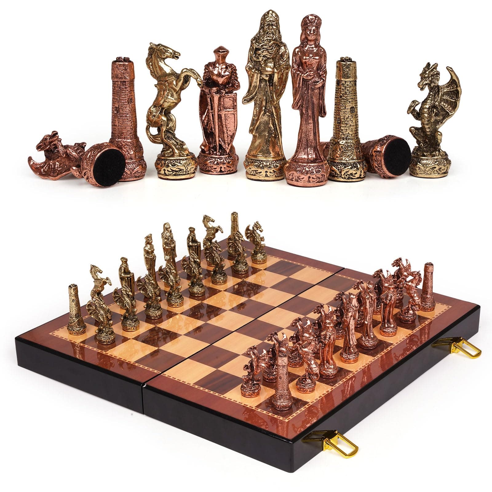 XAOHAOVintage Metal Chess Set - Wooden Board with 32 Metal Chess Pieces - Travel Chess Set - Collectible Elegant Chess Game - Family Board Game for 2 Players, Age 8+