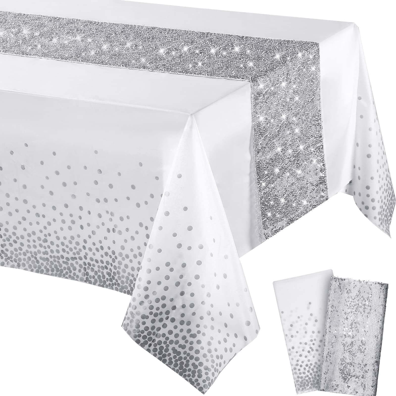 Irenare Tablecloth and Sequin Table Runner Set Polka Dots Confetti Table Cover Dining Plastic Tablecloths Glitter Decorations for Birthday Wedding Anniversary Party Supplies(White, Silver,2 Pcs)