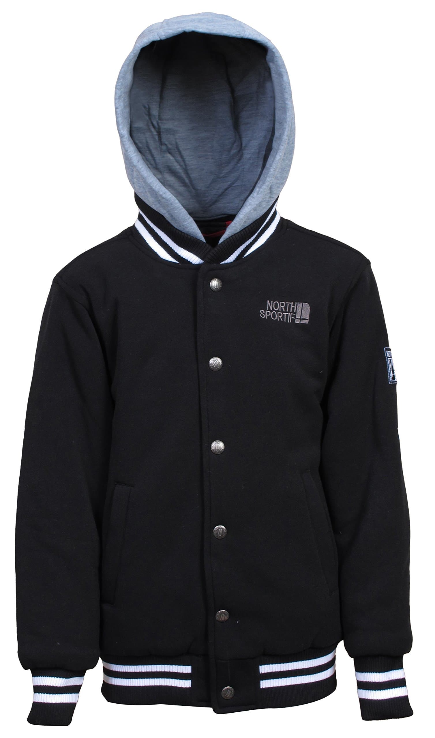 Boys Fleece Baseball Jacket - Snap Front With Hood, Black, Medium 10/12'