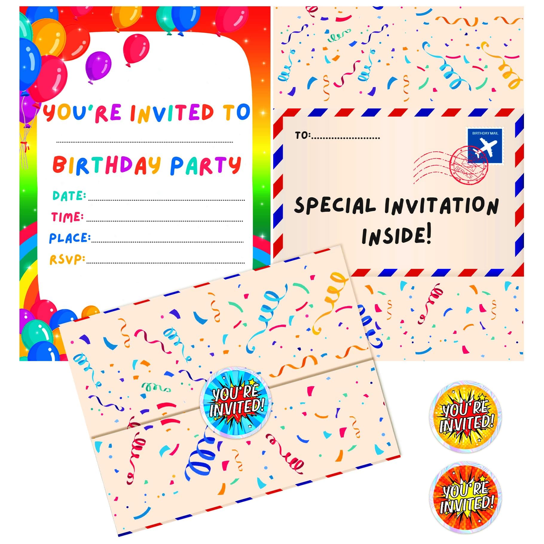 36 Kids Childrens Birthday Party Invitations with Folding Envelope Design and Holographic Stickers (Rainbow)