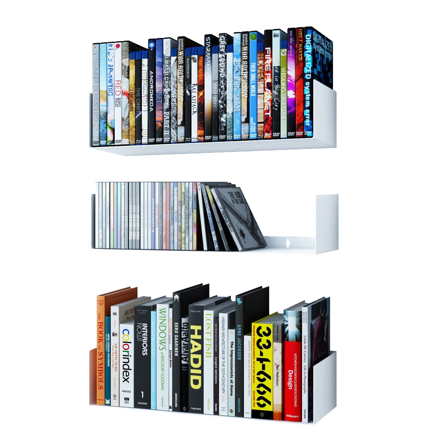 Wallniture Bali U Shape Bookshelves - Wall Mountable Metal CD DVD Storage Rack White Set of 3