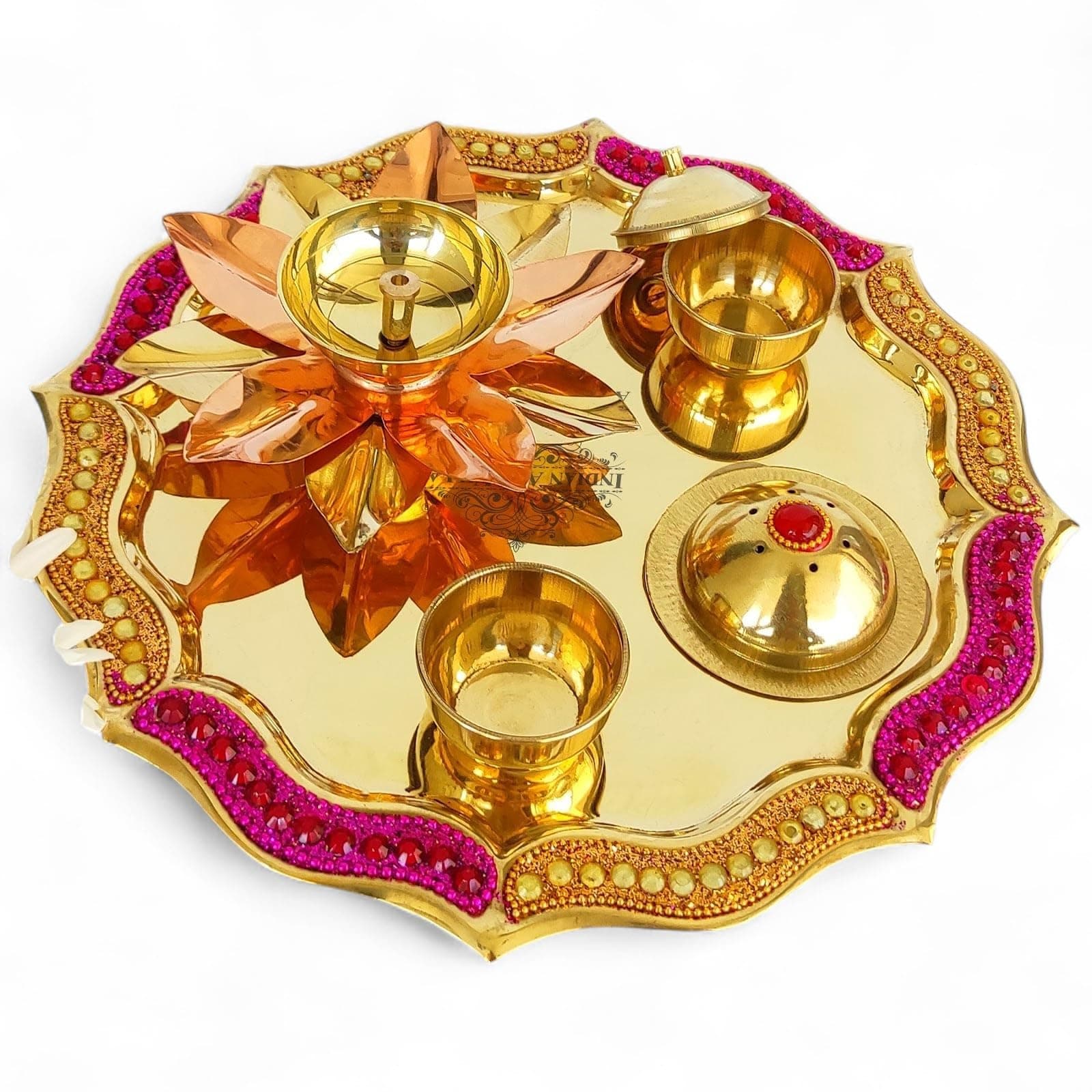 INDIAN ART VILLA Brass Red Beaded Design Pooja Thali, Aarti thali for Home/Temple, Spiritual Gift Item (Golden, 10 Inches) - Pack of 1