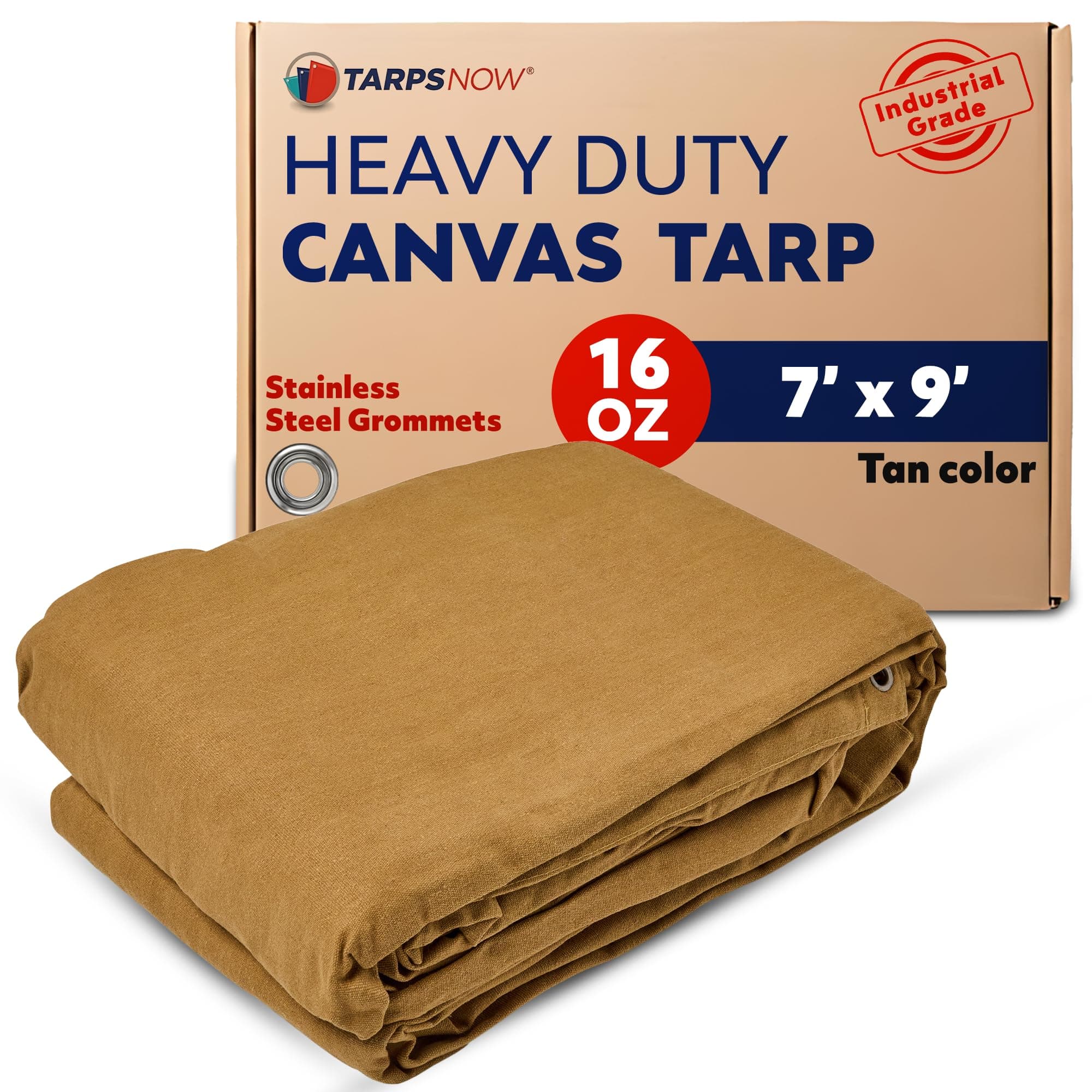 Tarps Now 7x9 ft Heavy Duty Canvas Tarp | 18 MIL Water Resistant with Stainless Steel Grommets - Premium 16 oz A-Grade Tarpaulin for Roof, Camping, Truck Bed, Firewood - Durable Outdoor Cover (Tan)