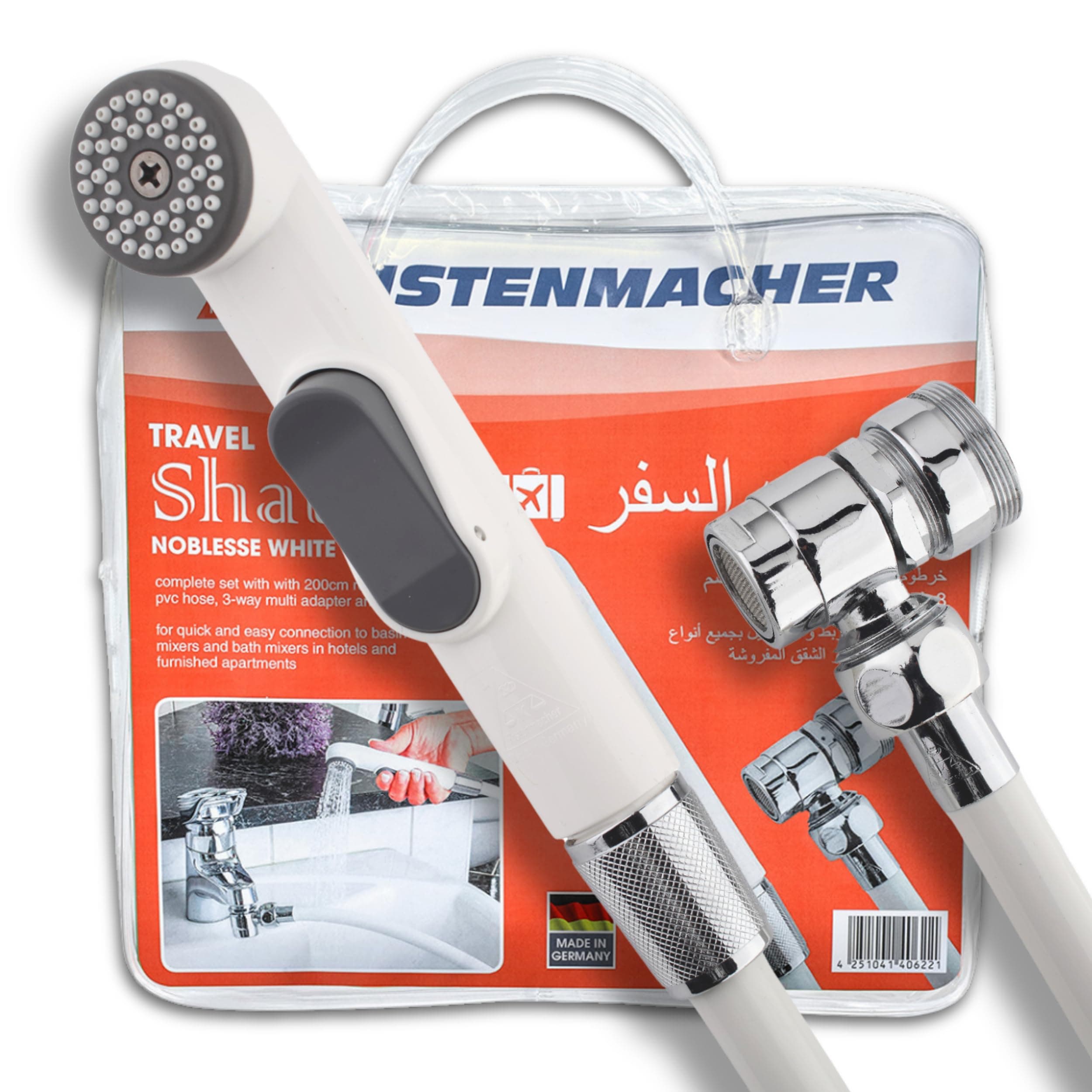 KISTENMACHER Travel Shattaf Set with automatic 3-way diverter, portable bidet sprayer and extra-long bidet hose, Made in Germany