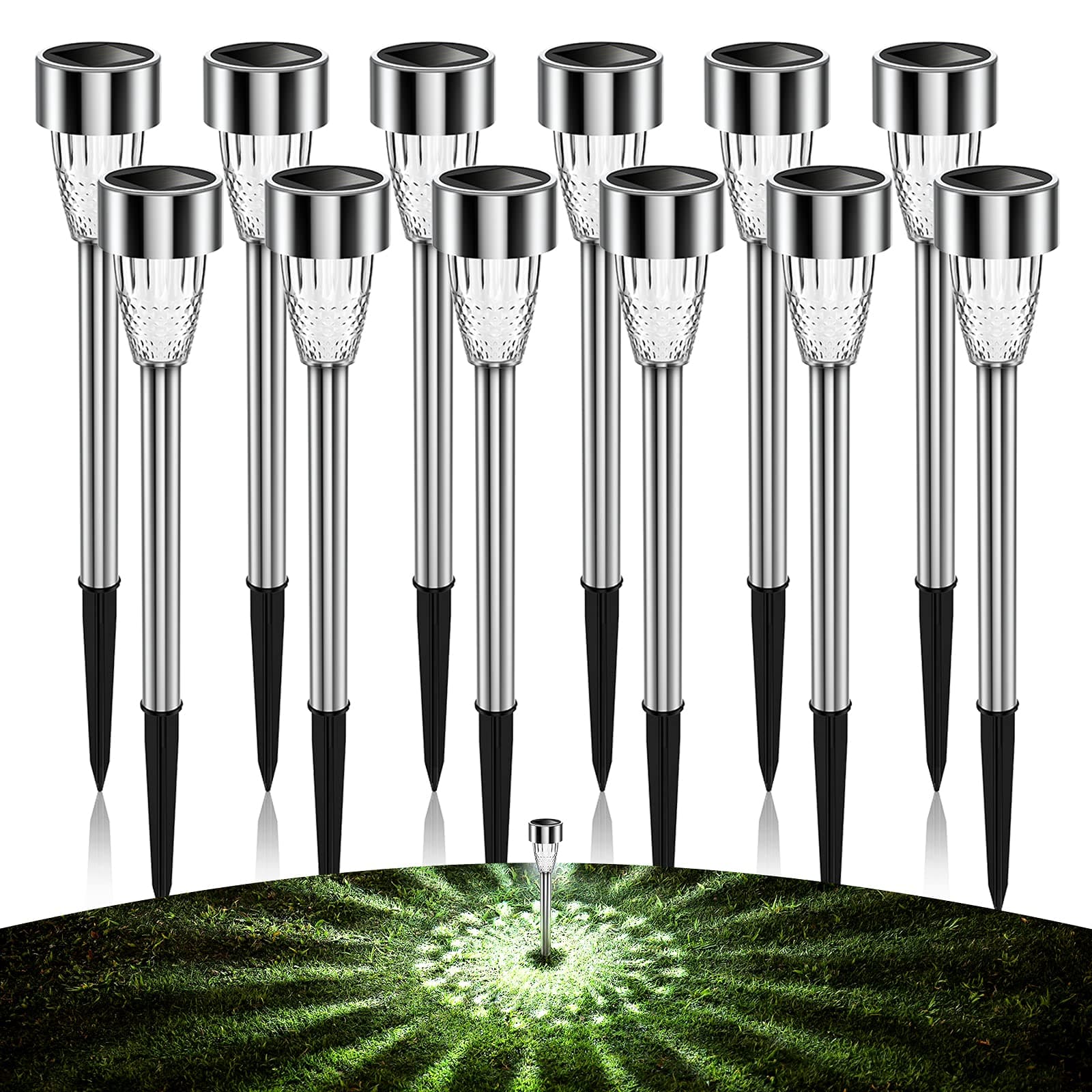 AlJoLife 12Pack Solar Lights Outdoor Decorative, 8H Waterproof Auto Solar Garden Lights, Anti-Deform Stainless Steel Pathway Light Solar Powered, Super Bright LED Landscape Lighting for Yard, Walkway