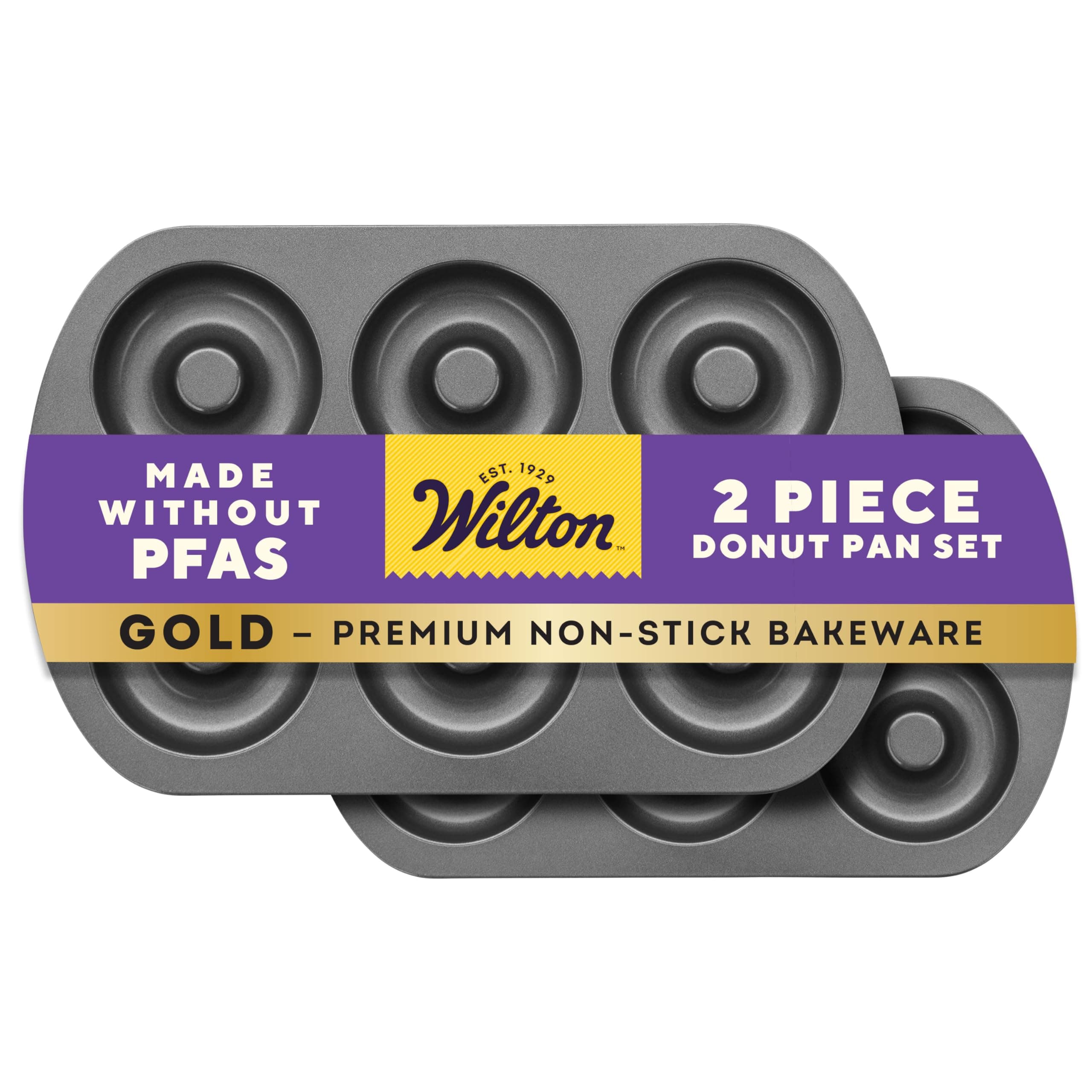 Wilton Gold Non-Stick 2 Piece Donut Pan Set, Cold-Rolled Steel Bakeware, Made without PFAS, Packaging May Vary