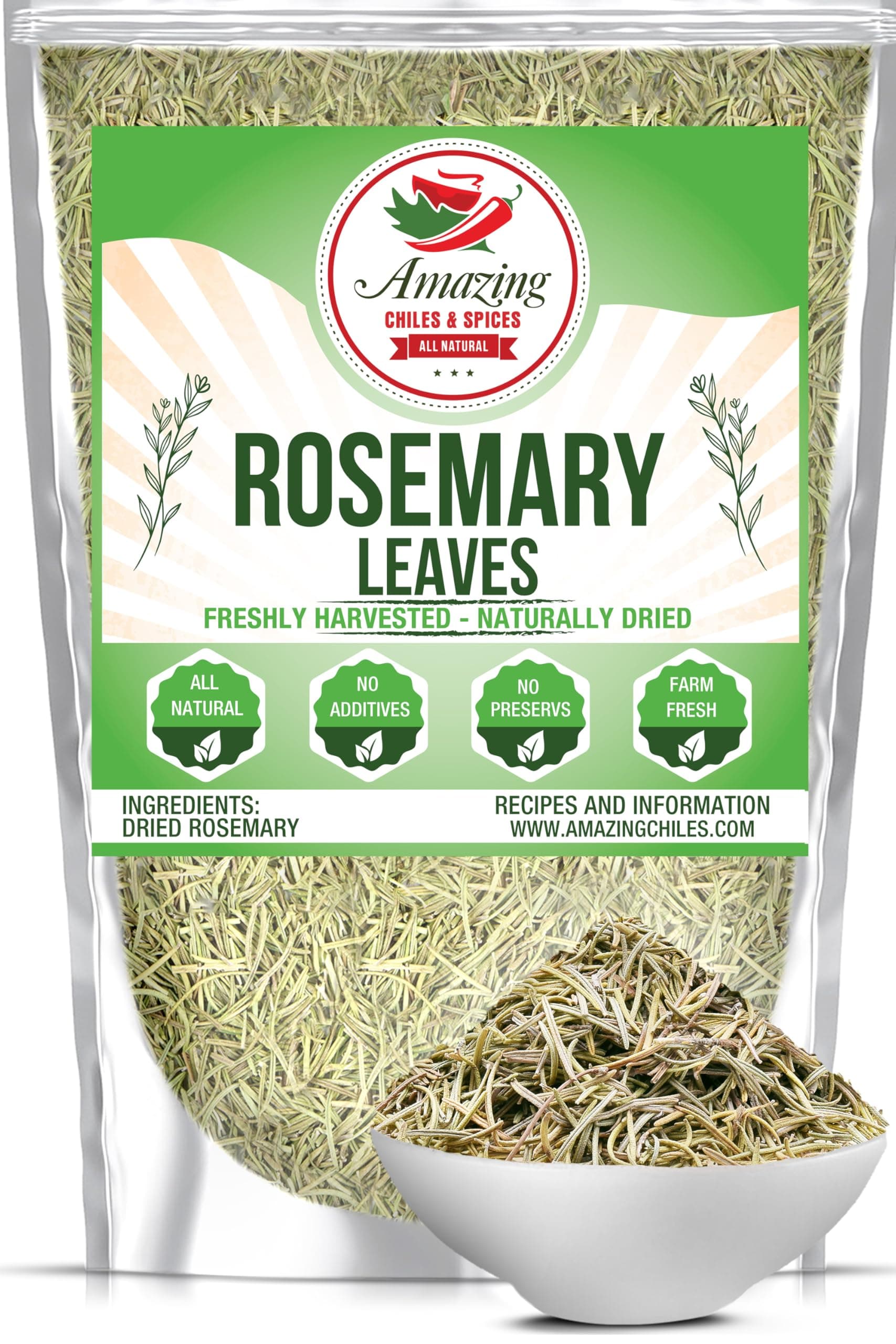 Dried Rosemary Leaves, 3 oz. Premium All Natural Herbs and Spices for Meat, Fish, Oils, Dips, Tea. Farm Fresh, Rich Savory Flavor by Amazing Chiles & Spices