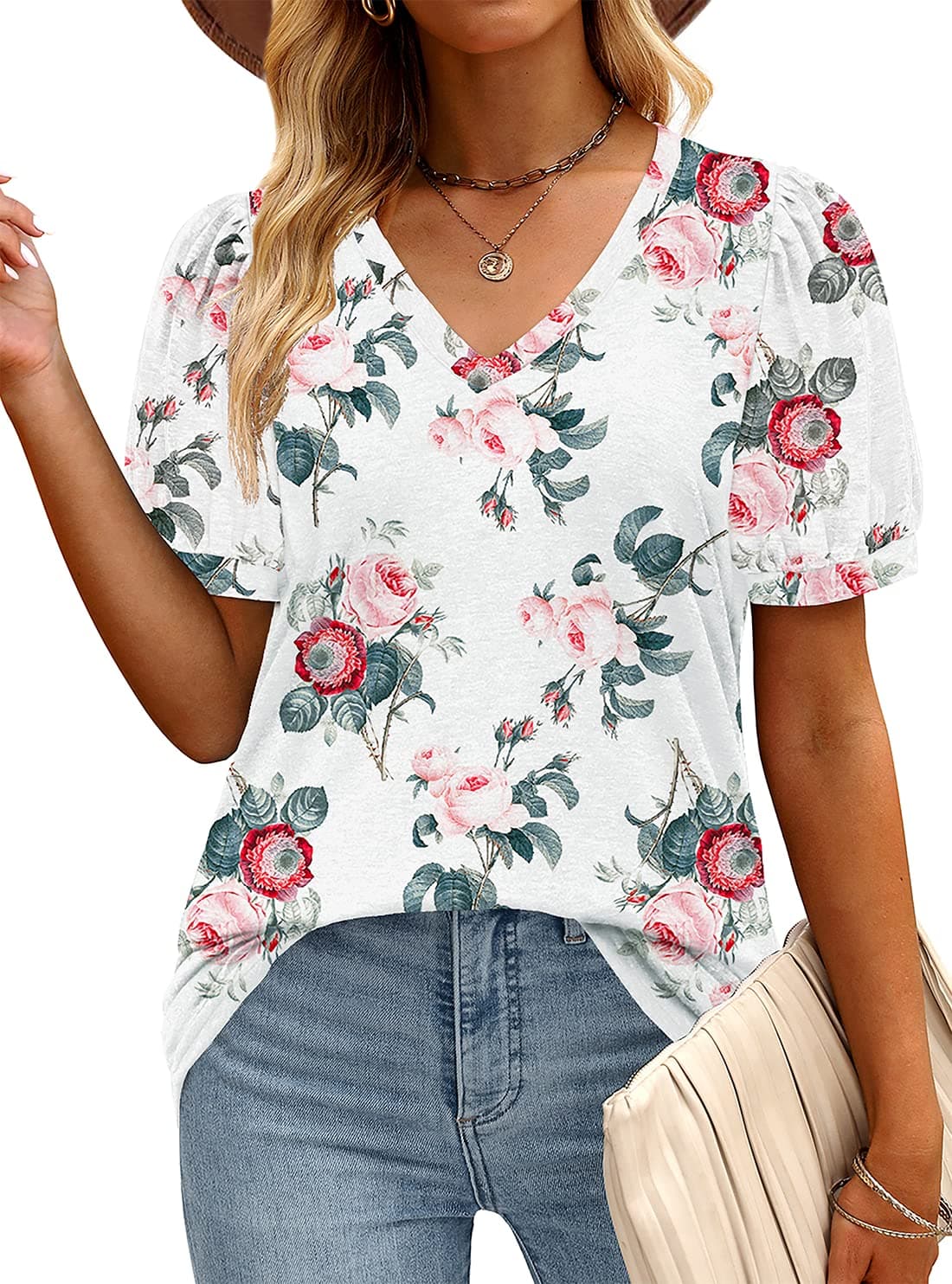 WIHOLL Womens Tops V Neck Summer Puff Sleeve Tshirts Fashion Casual