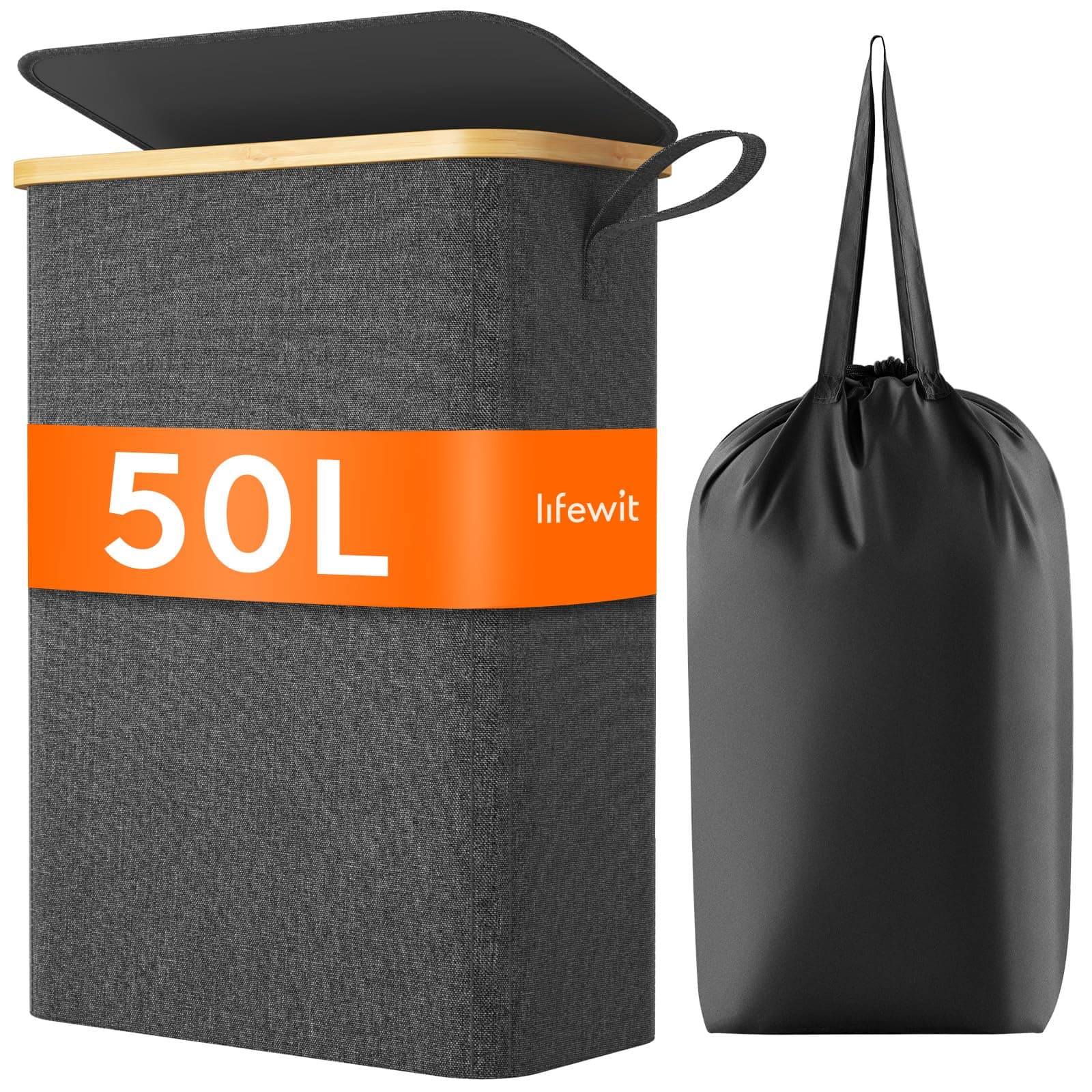 Lifewit50L Slim Laundry Hamper with Lid, Narrow Laundry Basket with Removable Bag & Bamboo Handles, Fodable Thin Dirty Clothes Hamper for Laundry Collapsible Bin for Bathroom Bedroom Dorm, Dark Grey