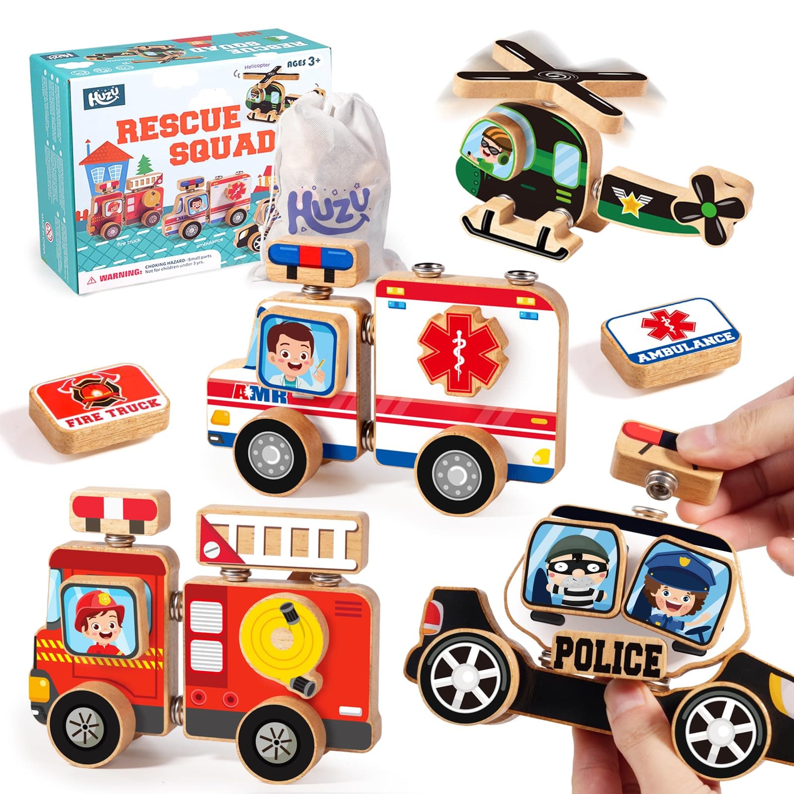 HUZU Emergency Vehicles 3D Puzzle Toy, Rescue Squad Wooden Snap Button Connection Building Blocks for Kids 3-8, Fire Truck Ambulance Police Car Helicopter Montessori Gifts for Preschool Children