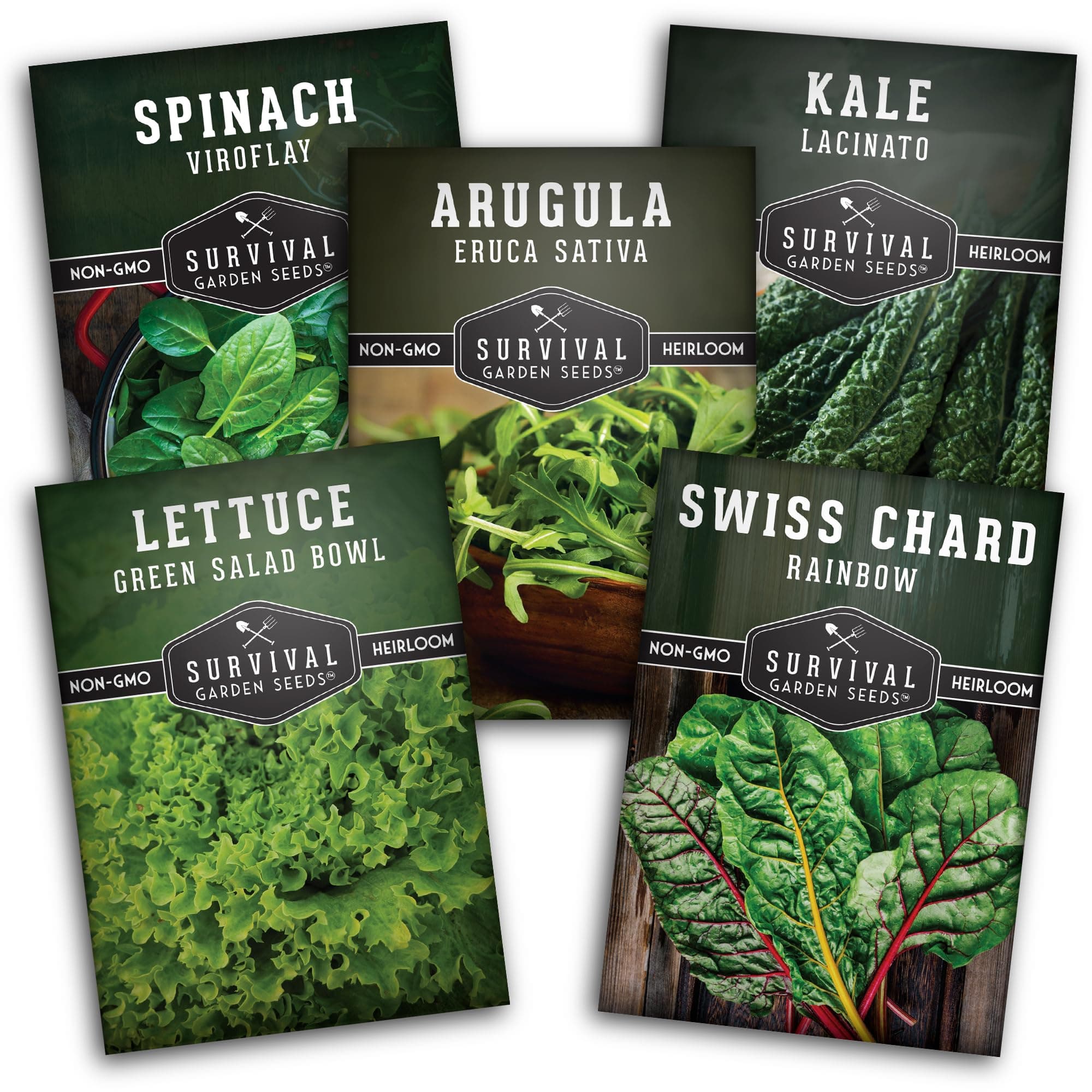 Leafy Greens Seeds Variety Pack – 5 Heirlooms: Viroflay Spinach, Arugula, Lacinato Kale, Salad Bowl Lettuce & Rainbow Swiss Chard – Cool Season Garden Collection - Survival Garden Seeds