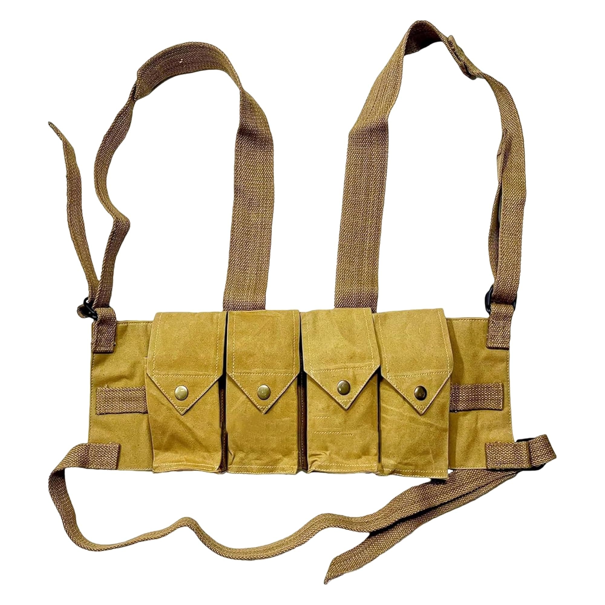 Rhodesian Fereday & Sons Style Chest Rig for FAL G3 M14 Magazines, Rhodesian Bush War Era Tactical Gear Khakhi, 4-Pouch Canvas Vest for 20rd .308 7.62x51mm Mags, Military Surplus Repro