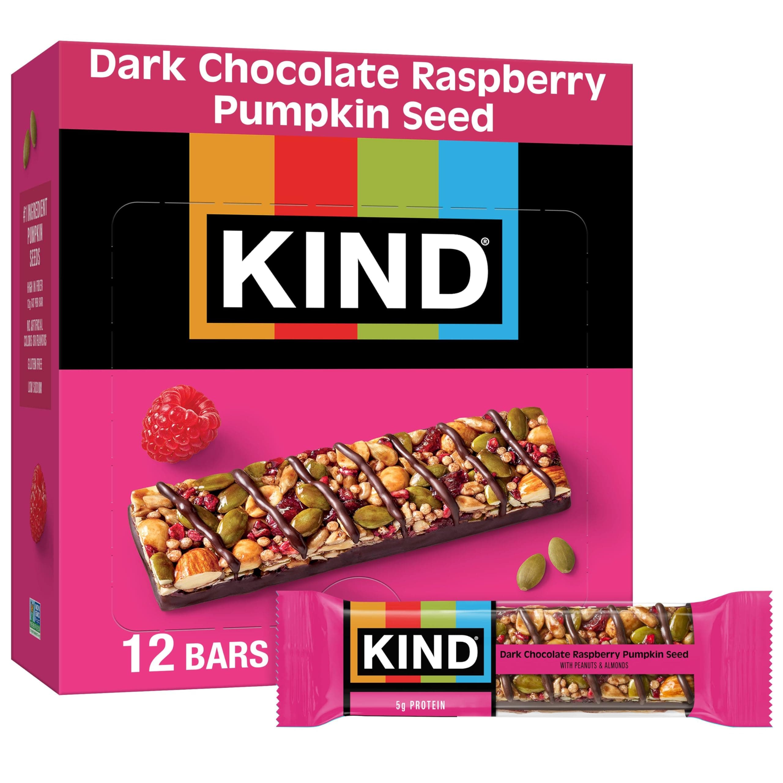 Seeds Fruit & Nuts Snack Bar, Dark Chocolate Raspberry Pumpkin Seed | 5g Protein, High Fiber, Gluten Free Bars, 1.4 OZ, 12 Count