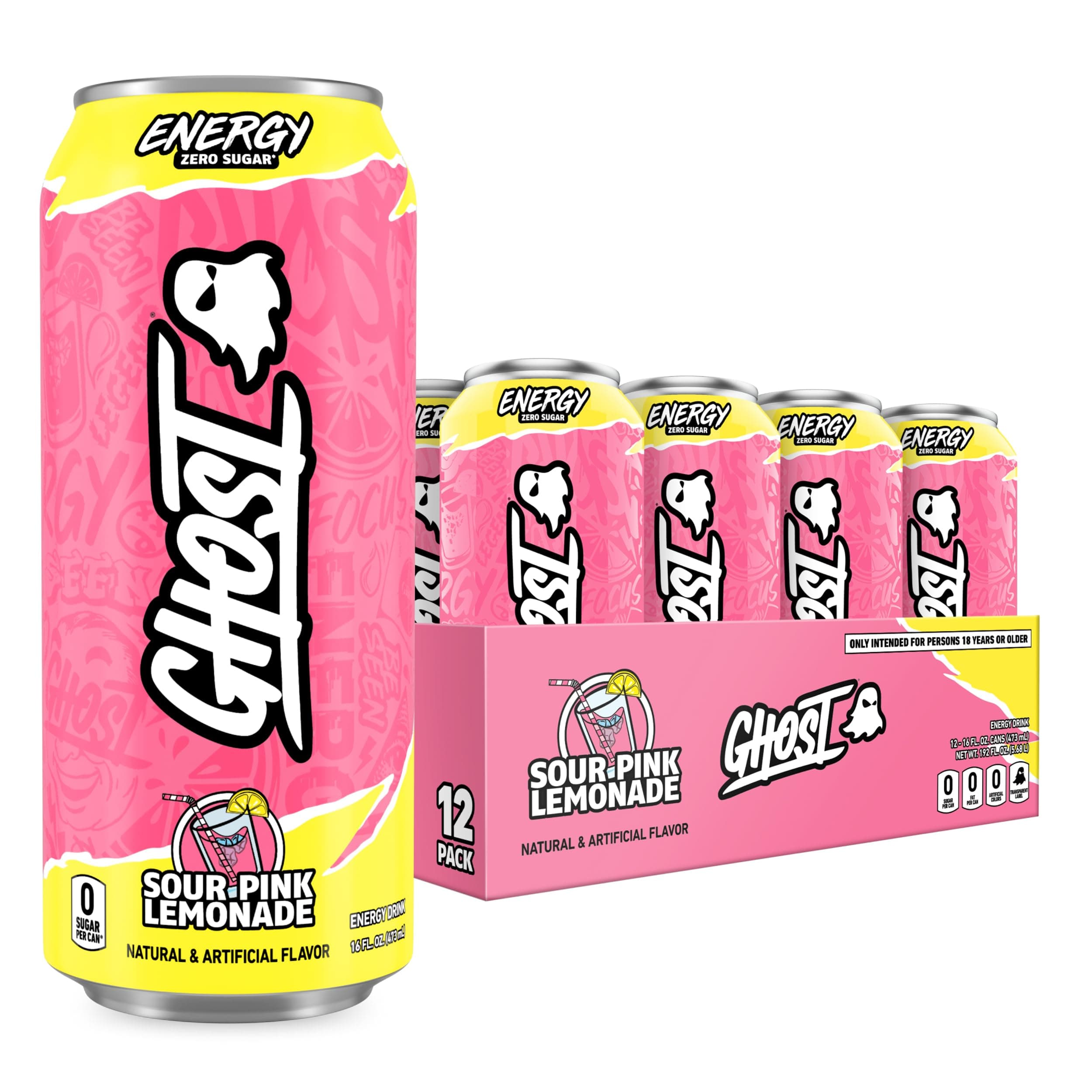Energy Drink - 12-Pack, Sour Pink Lemonade, 16oz Cans - Energy & Focus & No Artificial Colors - 200mg of Natural Caffeine, L-Carnitine & Taurine - Gluten-Free & Vegan