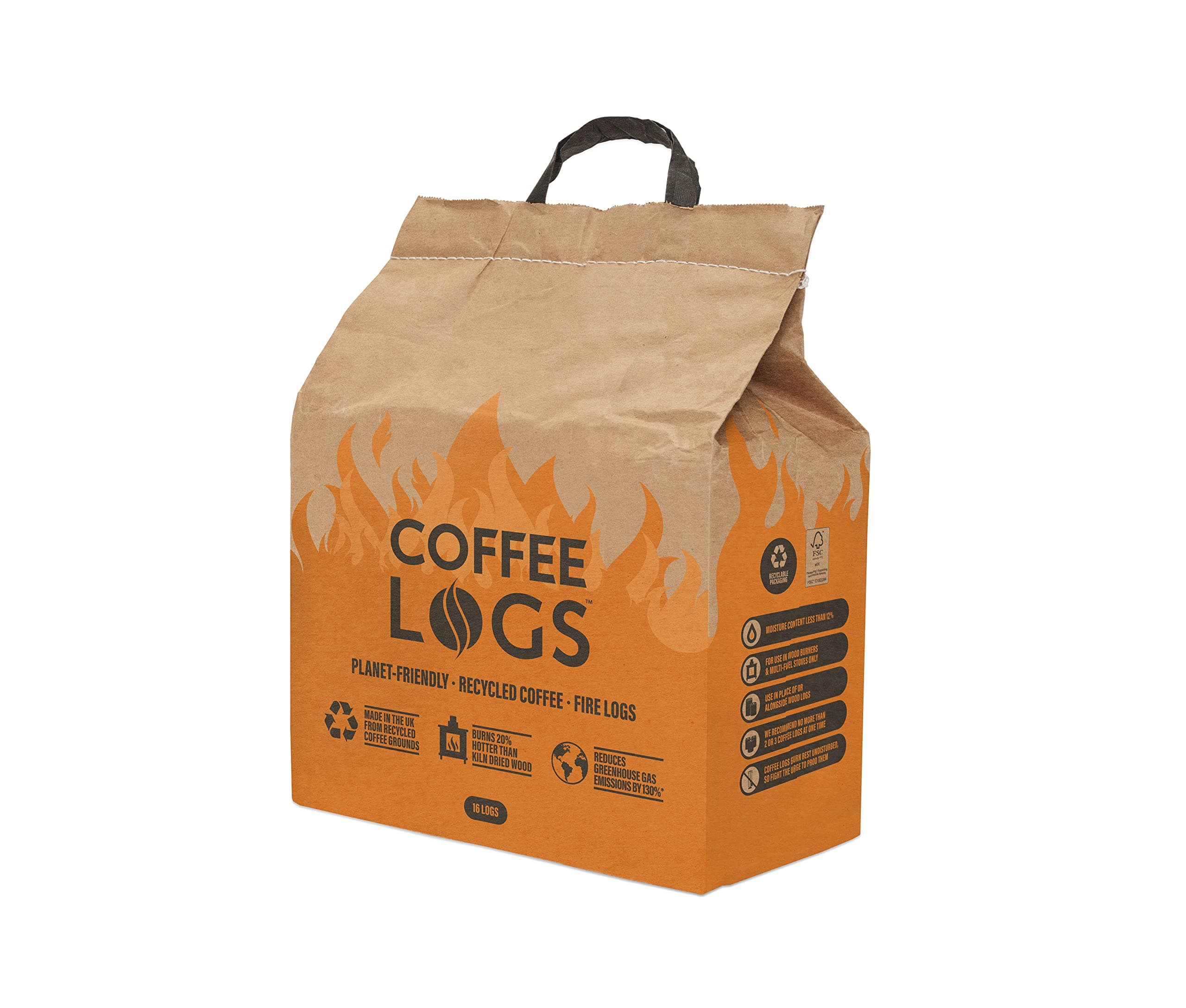 bio-bean Coffee Logs - Eco-Friendly Fire Logs for Wood Burners and Multi-Fuel Stoves (16 logs), Brown,24cm x 14cm x 22cm