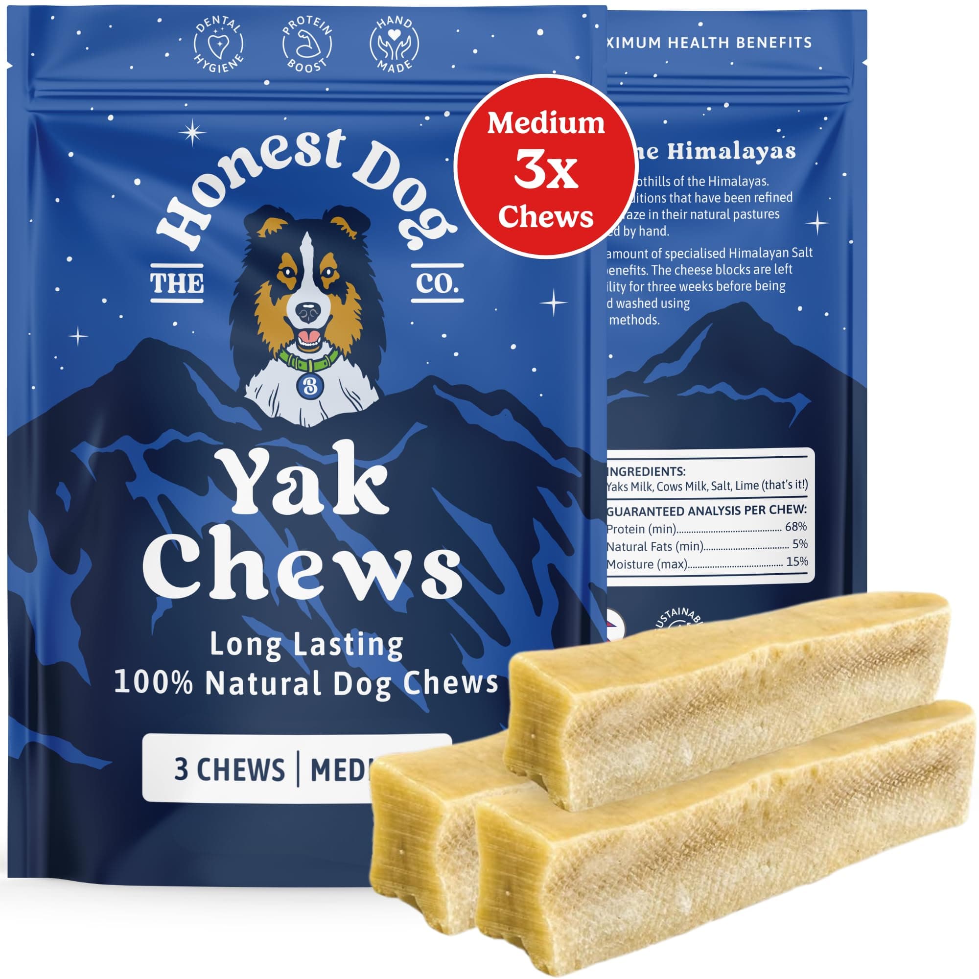Honest Dog Co. Yak Chews for Dogs Medium (3x Chews) - Dog Chews Long Lasting Natural - Pasture Raised, Organic, Himalayan Yak Chew Dog Chews