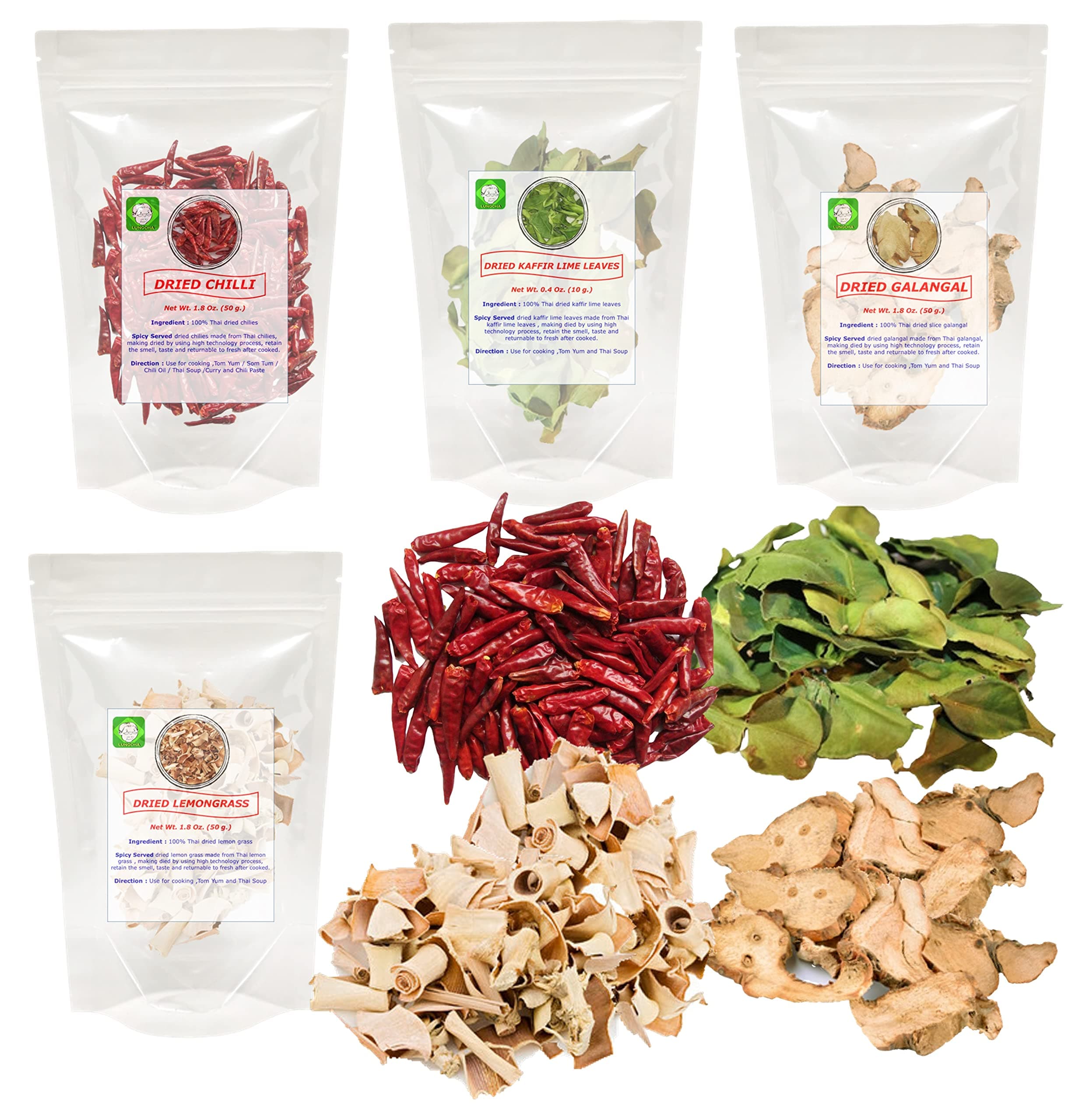 LungchaTom Yum Set for Thai Food Hot Spicy Soup 160 Gram Of Dried Chili 50 Gram, Dried Galangal 50 Gram, Dried Lemongrass 50 Gram, Dried Kaaffir Lime Leave 10 Gram