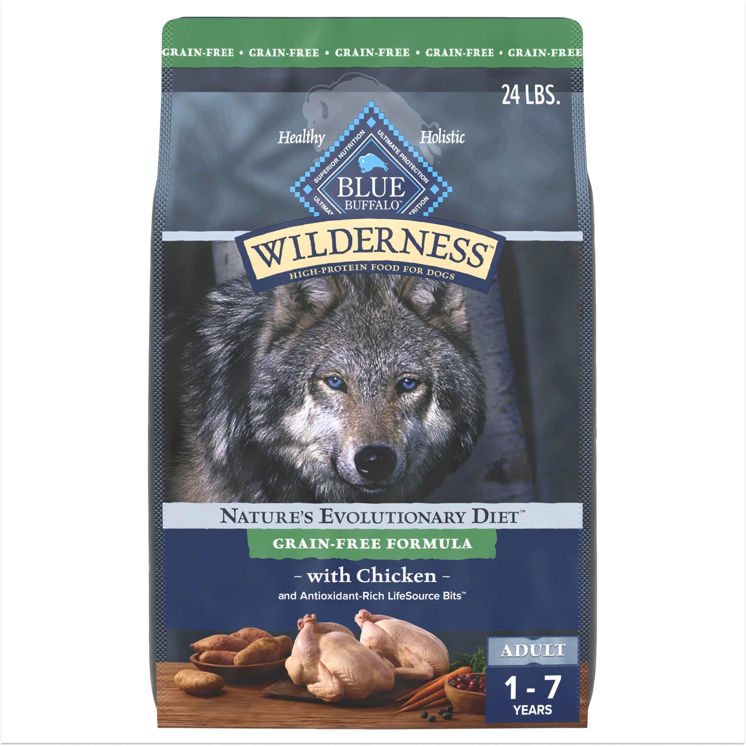 Blue Buffalo Wilderness Adult High-Protein Dry Dog Food with Real Chicken, Grain-Free, Made in the USA with Natural Ingredients, Chicken, 24-lb Bag