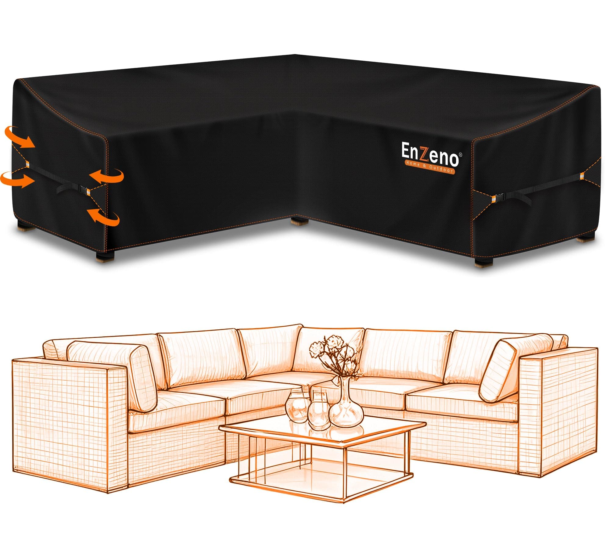 Enzeno Garden Furniture Covers waterproof, 420D Oxford Fabric L-Shape Garden Sofa Covers, Rattan Corner Sofa Cover, outdoor corner sofa cover with Waterproof Tape (215x215x87cm)