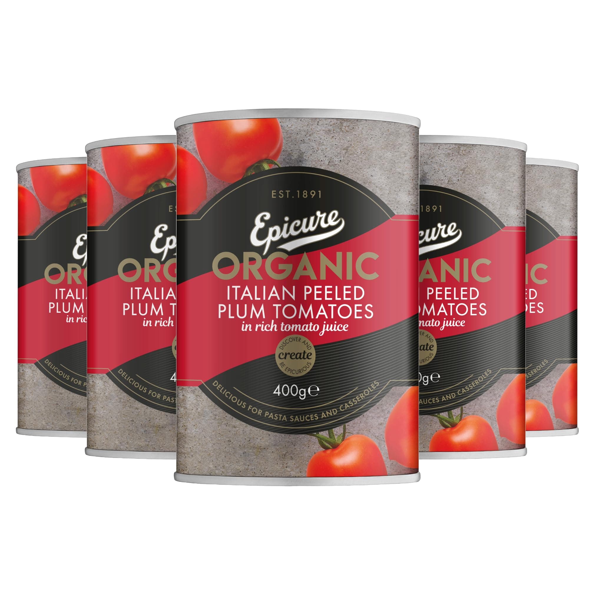 Epicure Tinned Organic Italian Peeled Plum Tomatoes, Rich Tomato Juice for Delicious Pasta Sauces and Casseroles 400 g (Pack of 12)