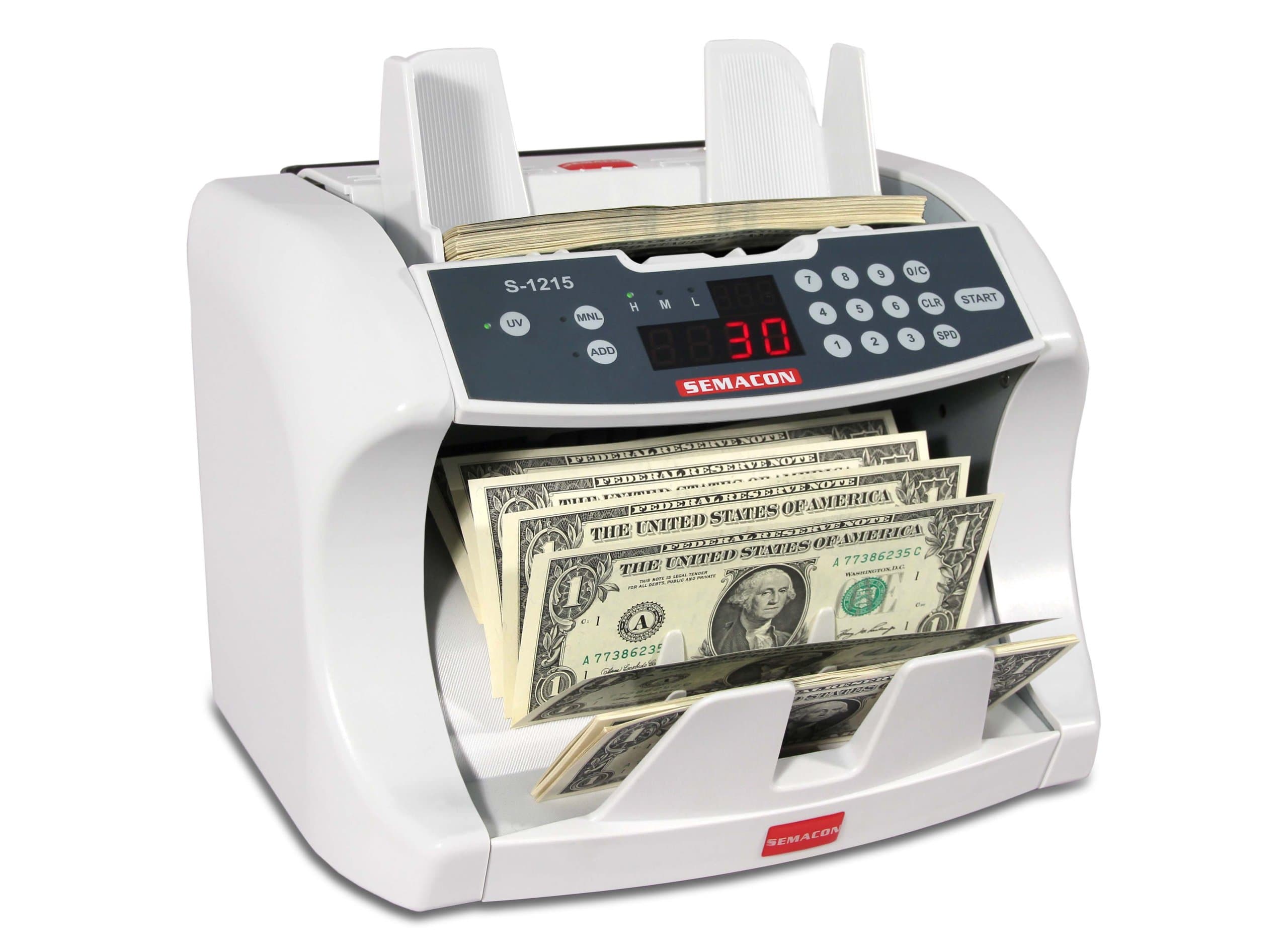 Semacon S-1215 High-Speed Bank Grade Currency Counter wirh Ultraviolet Counterfeit Detection, 800/1200/1600 Notes per Minute Counting Speed, Batching: 10 Keys/1-999 Range