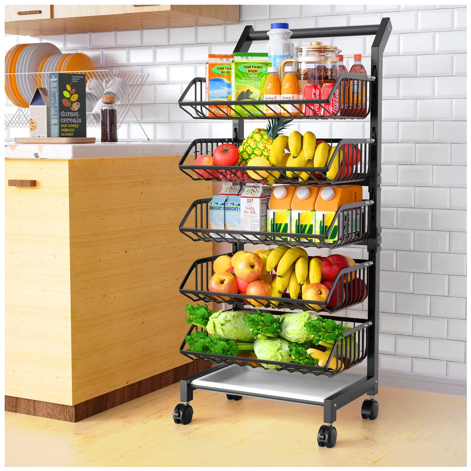 Fruit and Vegetable Basket, 5 Tier Stackable Metal Wire Basket Cart, Rolling Carts with Lockable Wheels, Multifunctional Utility Cart for Office, Living Room, Kitchen, with Detachable Basket