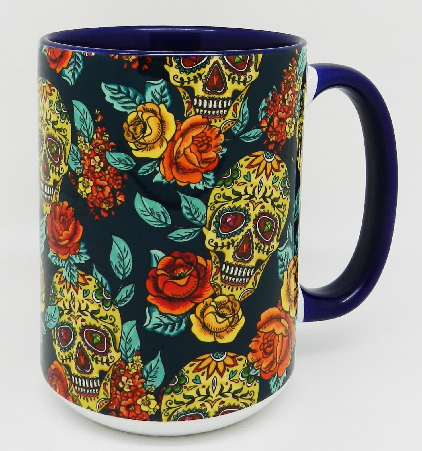 Half a Donkey Extra Large Skull and Roses Mug with blue inner and handle