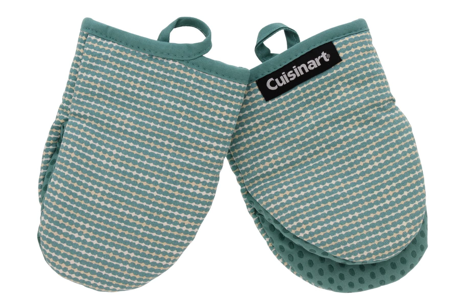 Cuisinart Silicone Mini Oven Mitts, 2 Pack - Little Oven Gloves for Cooking - Heat Resistant, Non-Slip Grip, Hanging Loop - Ideal for Handling Hot Kitchen/Bakeware Items - Striped, Seafoam Green