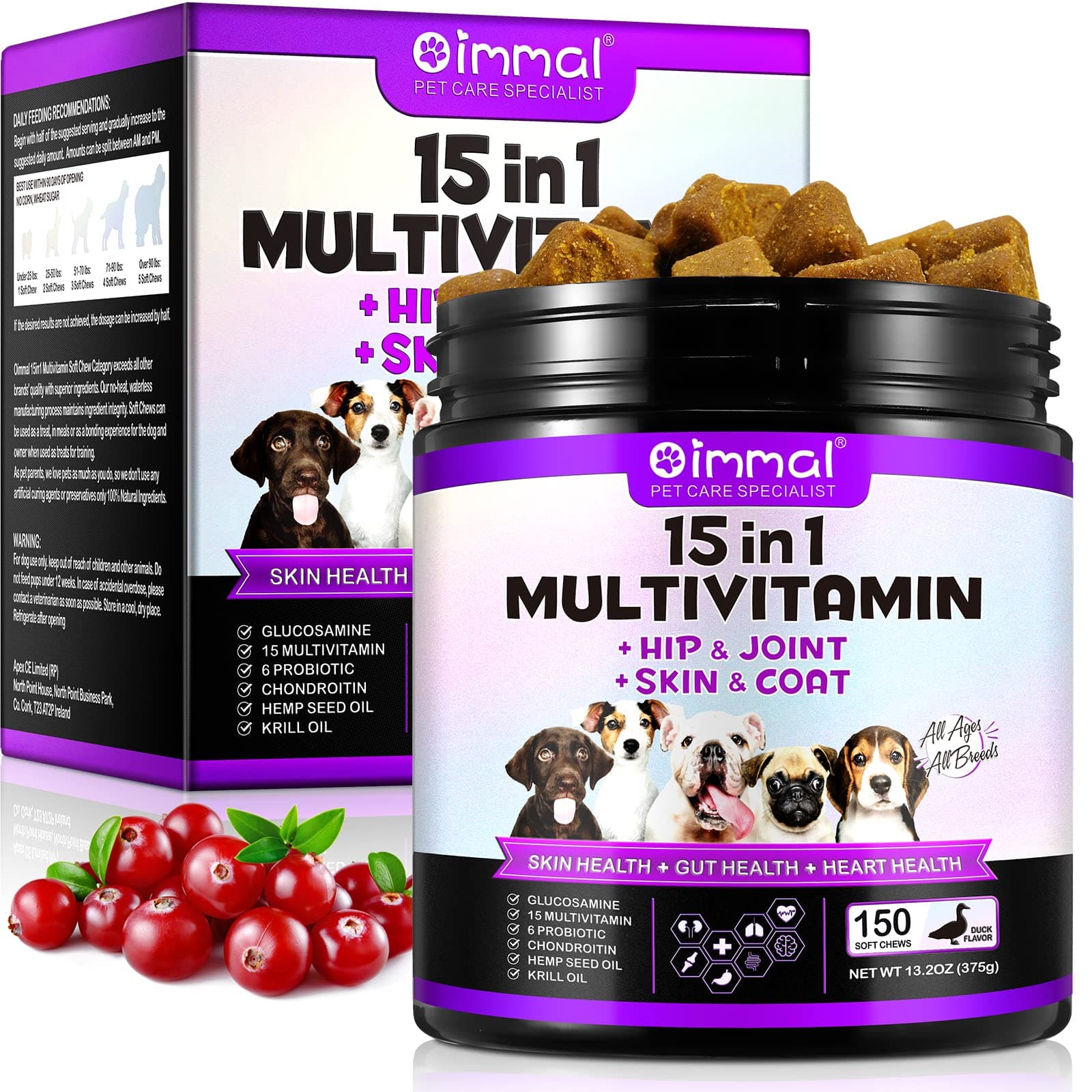 Multivitamin Vitamins for Dog, Dog Multi Vitamins Supplements, Dog Daily Vitamins Chewable Glucosamine Probiotics Dogs Immunity, Gut, Skin and Coat Allergies, Senior Dog Vitamins Duck Flavor Chewable