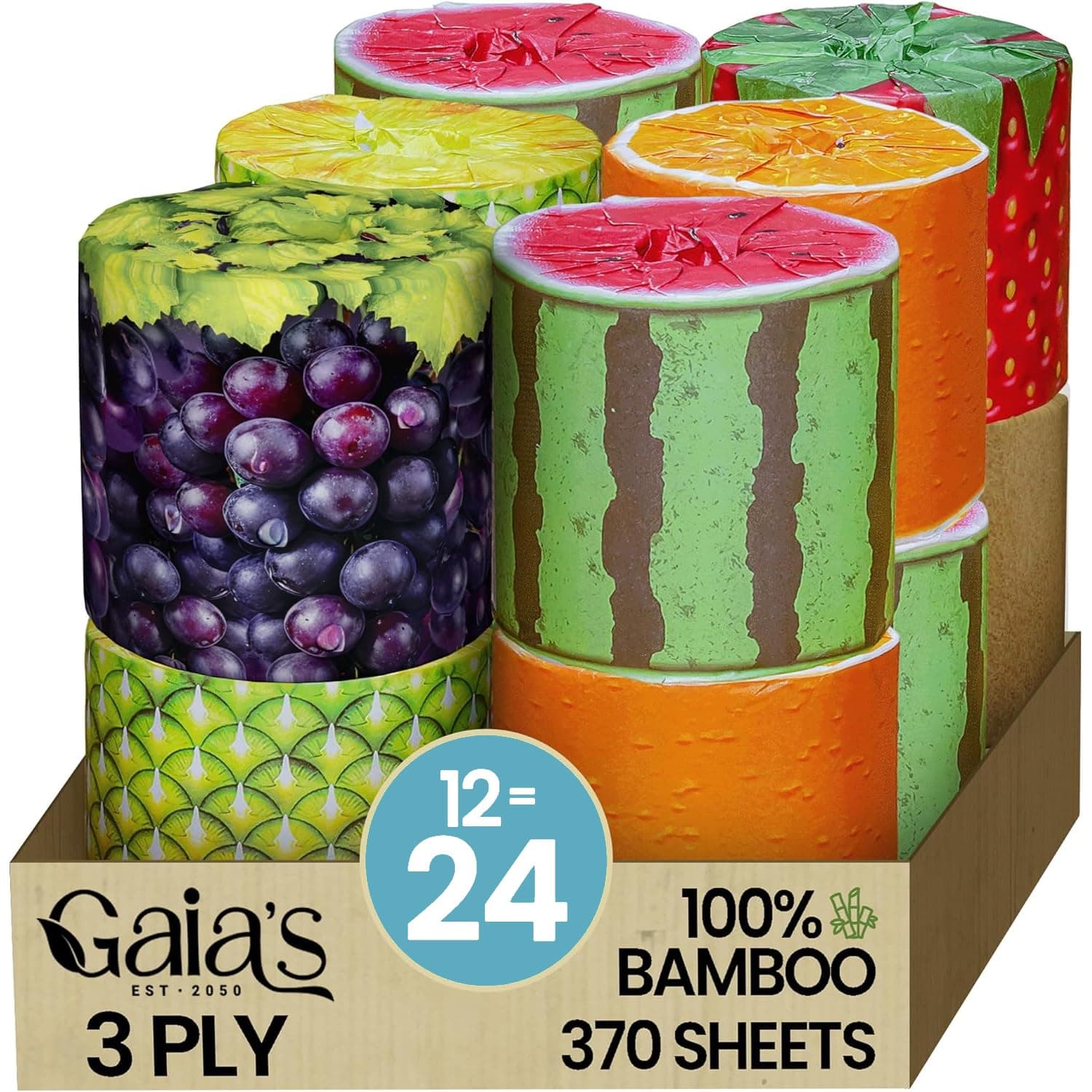 Gaias Premium and Soft Fruit TP Organic Bamboo Toilet Paper | 12 Mega Rolls, 3 Ply, 370 Sheets | FSC Certified, PFAS & BPA Free, Eco-Friendly, Sustainable Tissue - Plastic Free, Septic Safe, Vegan