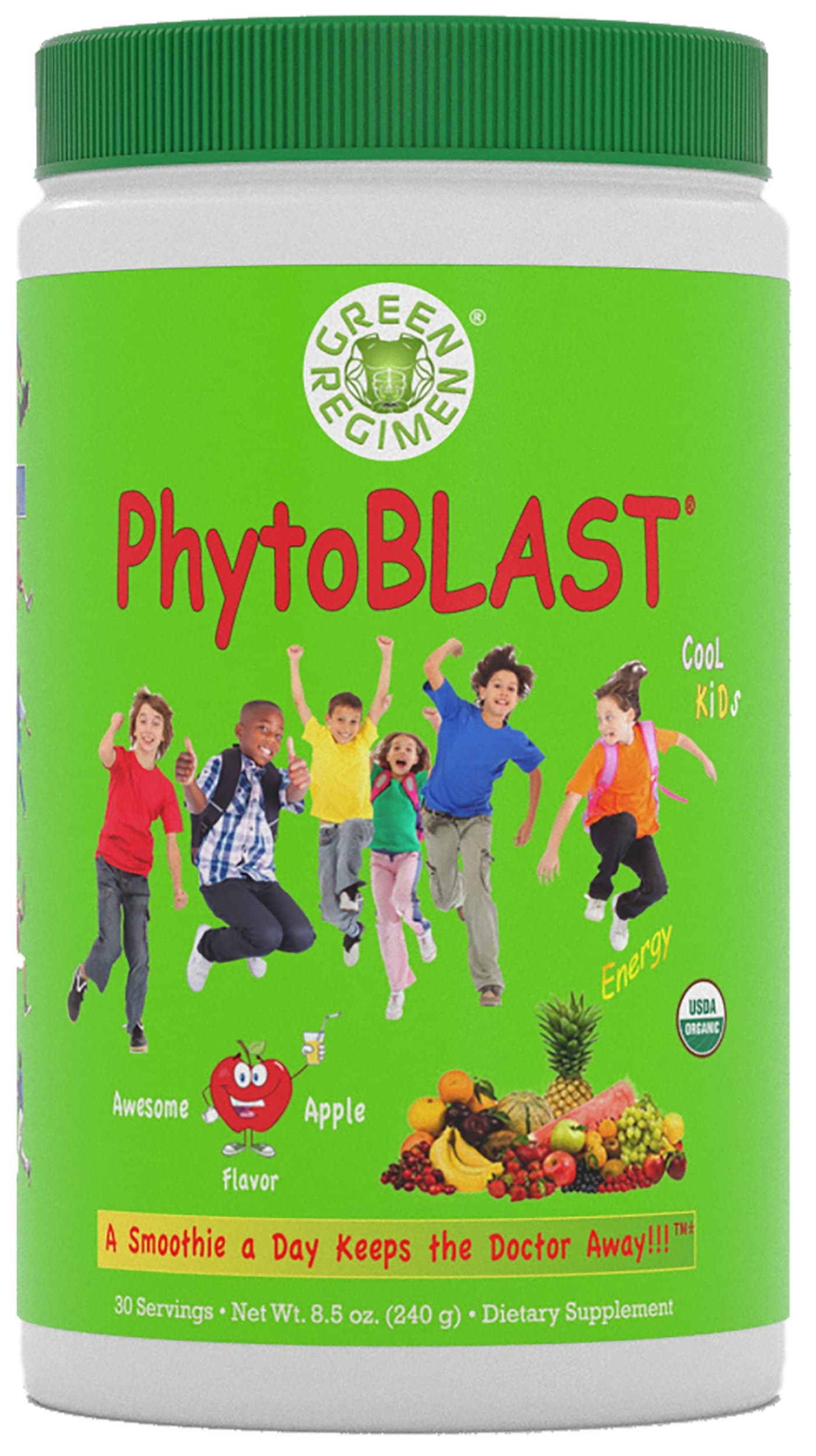 Green Regimen - PhytoBLAST (Apple Flavor) - Organic Multivitamin Smoothie with Omega 3 - Green Powder SuperFood. 20+ Fruits and Vegetables per serving - Includes Recipe Book. Delicious Green Smoothie.