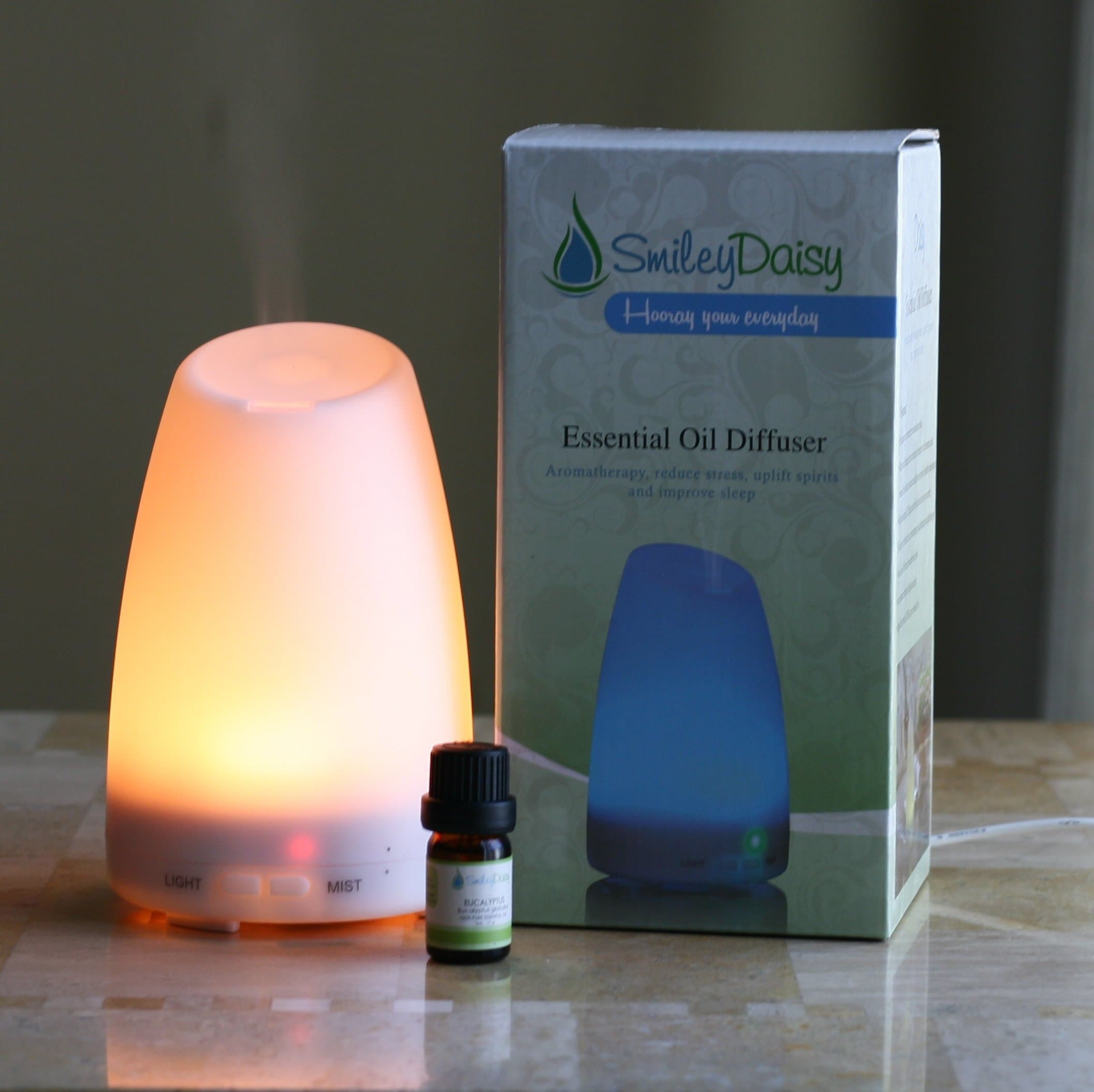 Smiley Daisy Aromatherapy Diffuser Bundle with 5 ML 100% Eucalyptus Essentila Oil