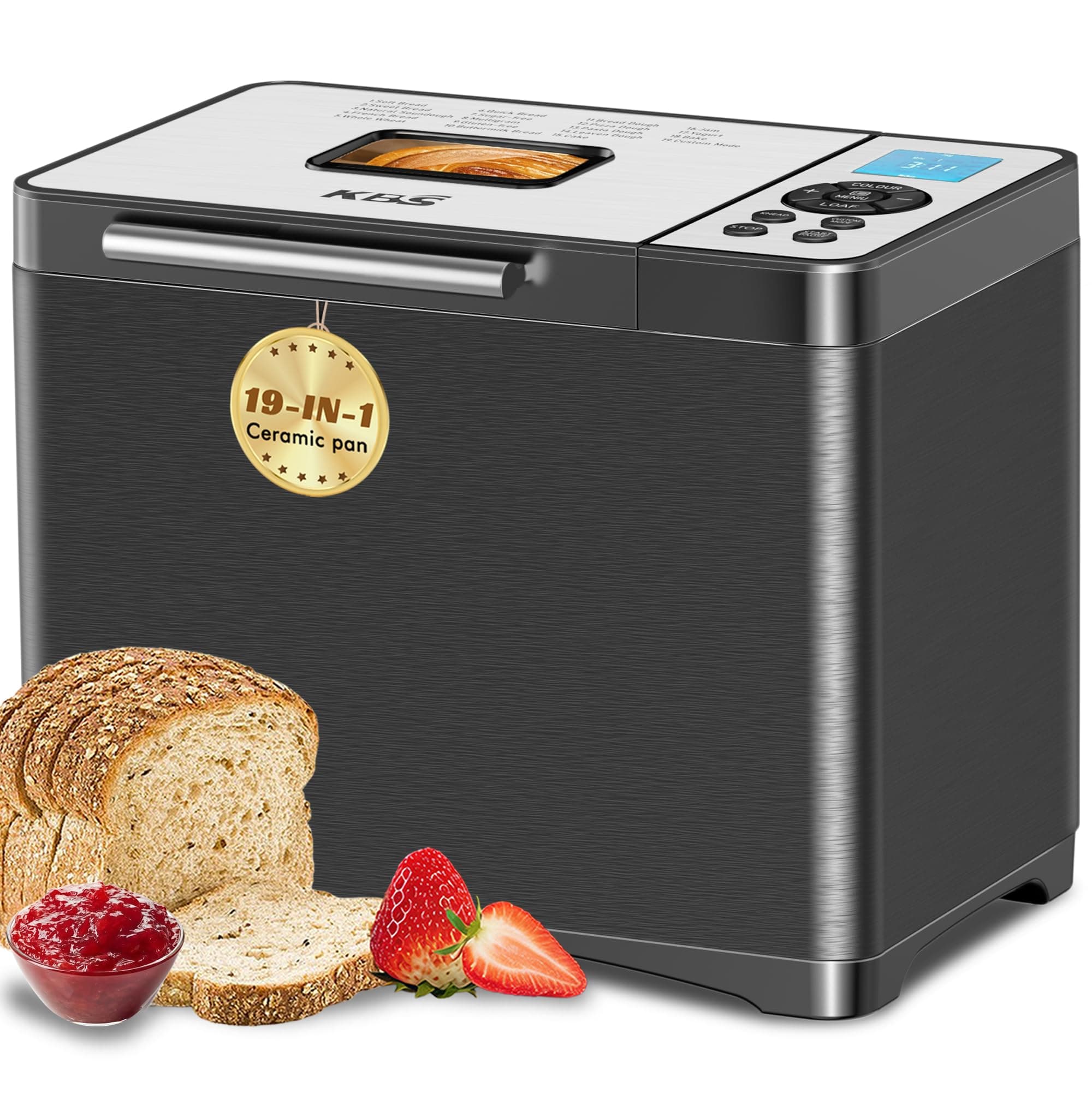 KBS 19-in-1 Programmable Bread Maker,2LB Large Bread Machine Stainless Steel with Sourdough,Gluten-Free,Nonstick Ceramic Pan,650W Bread Maker Machine with 15H Timer&1H Keep Warm,3 Crust Colors,Recipes