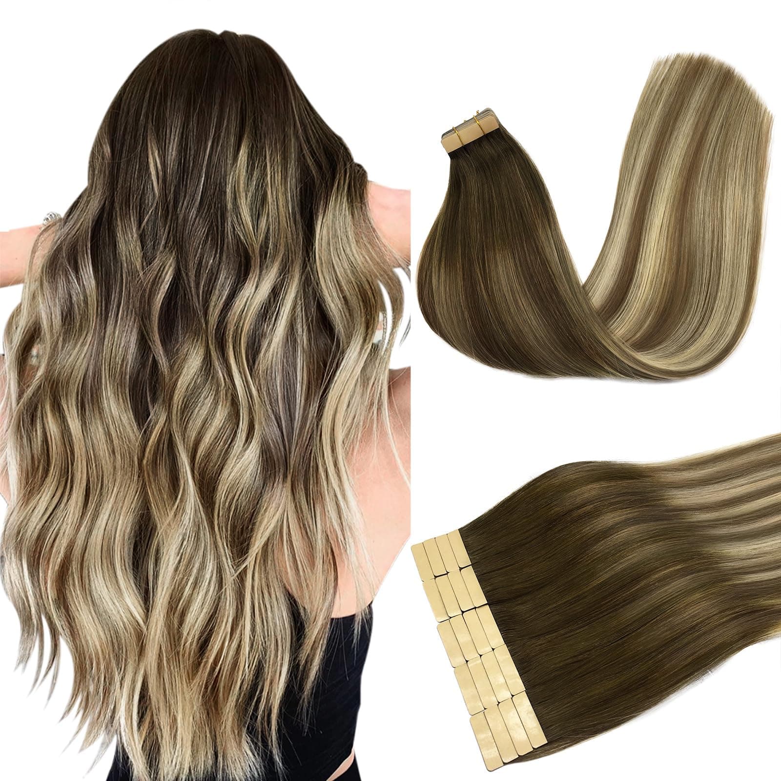 DOORES Tape in Hair Extensions Human Hair Balayage Walnut Brown to Ash Brown and Bleach Blonde 16 Inch 20pcs 50g Straight Real Hair Extensions