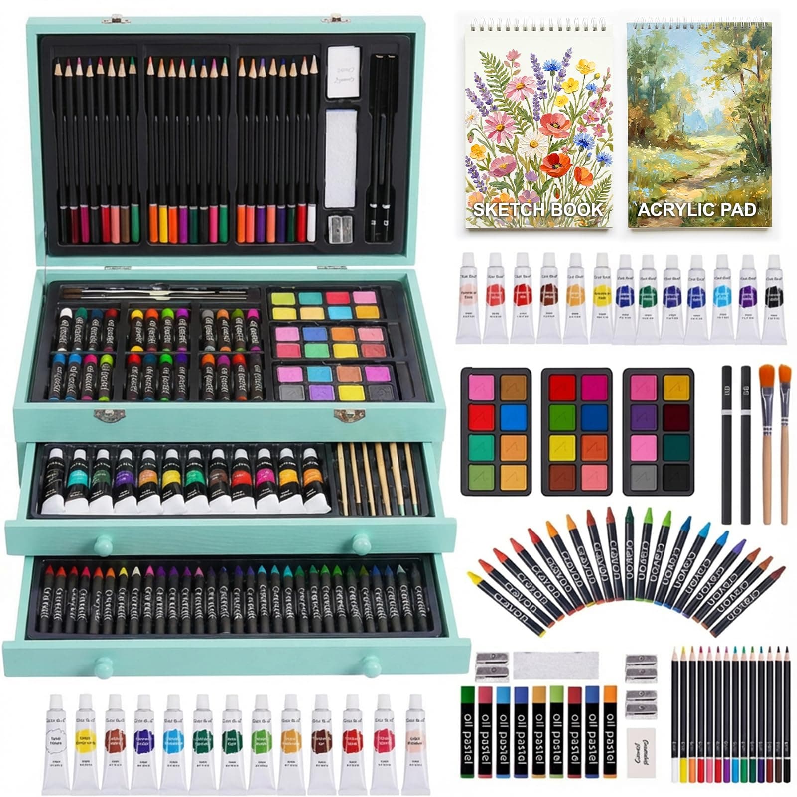 175-Pack Deluxe Wooden Art Set Drawing Painting Kit with 2 Drawing Pads, Acrylic Paints, Colored Pencils, Crayons, Paint Brush, Art Kit in Wooden Case, Gift for Artist, Adults, Teens and Kids