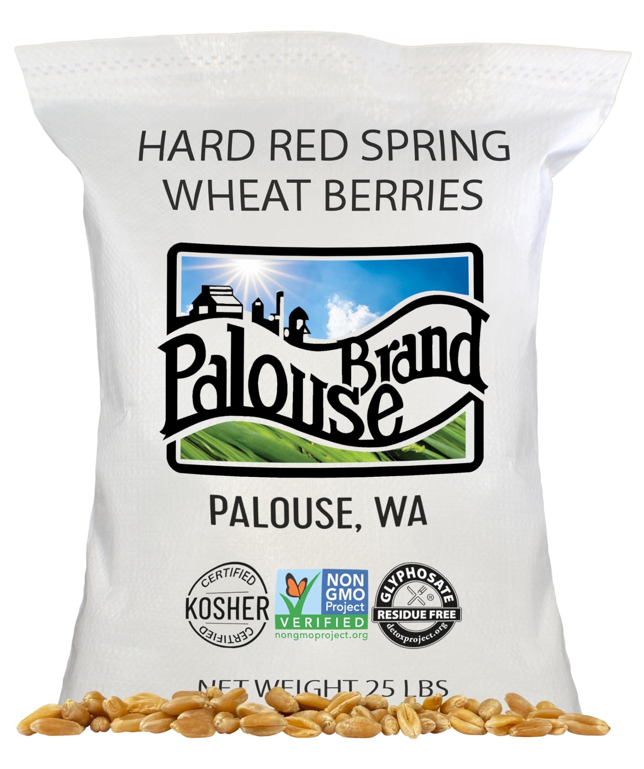 Palouse Brand Certified Glyphosate Residue Free Hard Red Spring Wheat Berries | 25 LBS | Meet the Farmers | 100% Desiccant Free | Sproutable | Non-GMO Project Verified | Kosher | Poly Bag