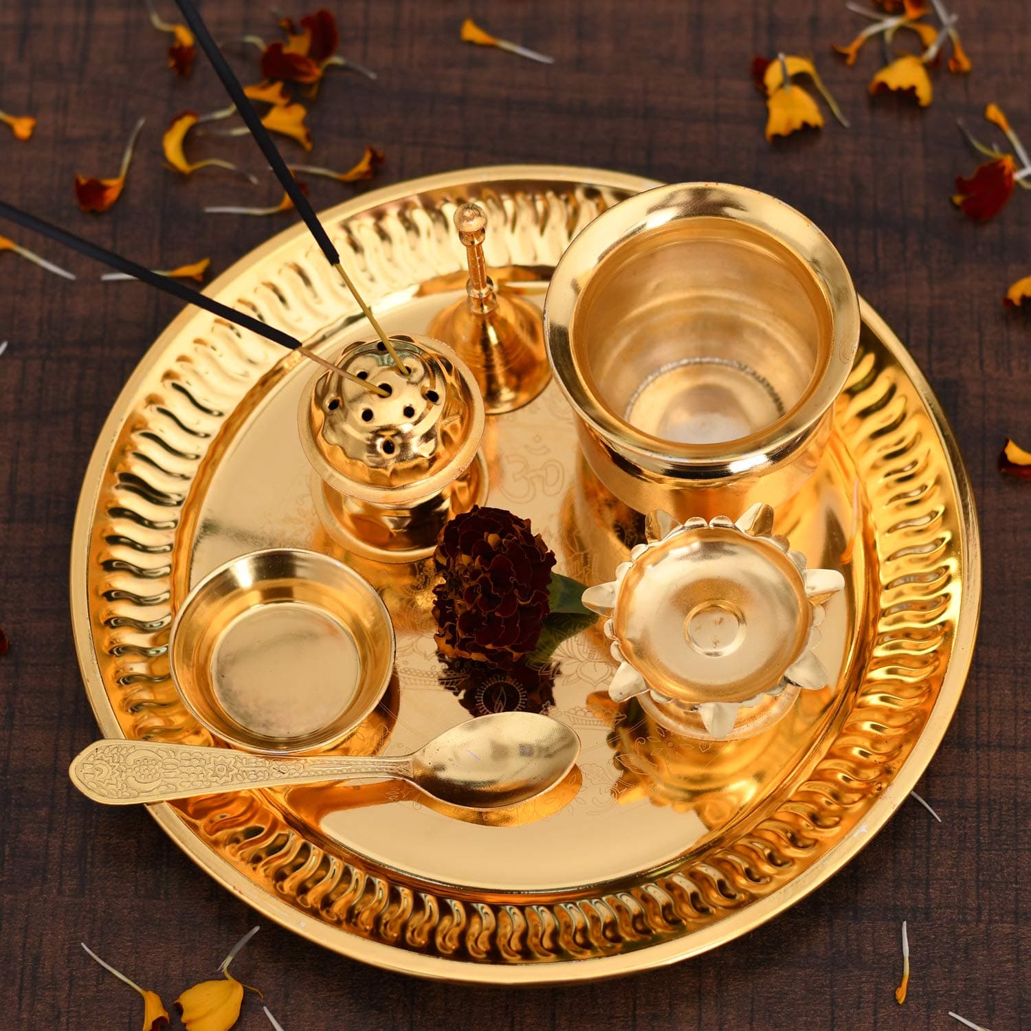Plated Pooja Thali Set Of 7 Pcs Gold