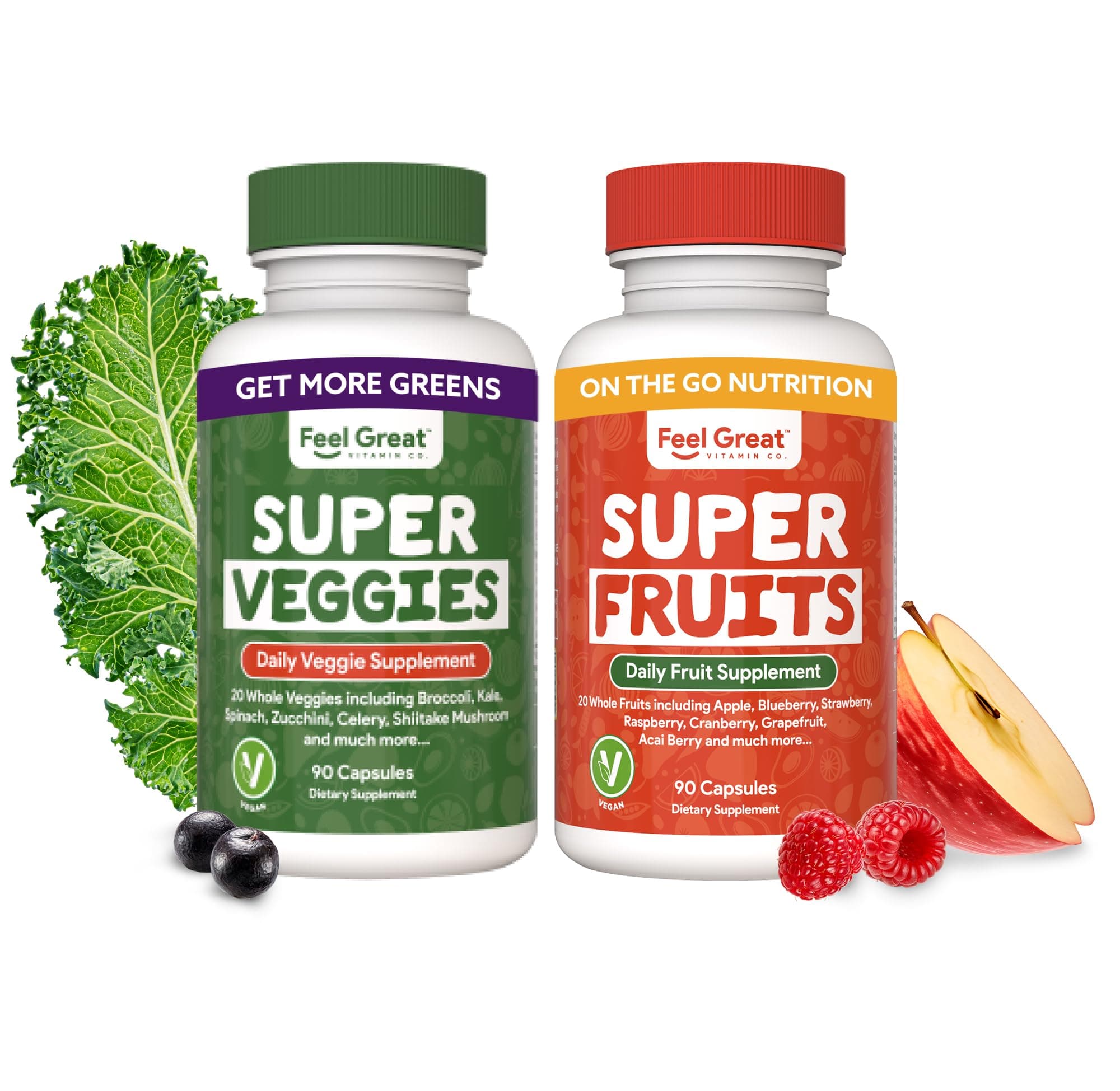 Feel Great 365Vitamins Fruits and Veggies Capsules | Superfoods for Men and Women | Vegan Supplement with 90 Capsules for Adults (90-Ct, 2-Pack)
