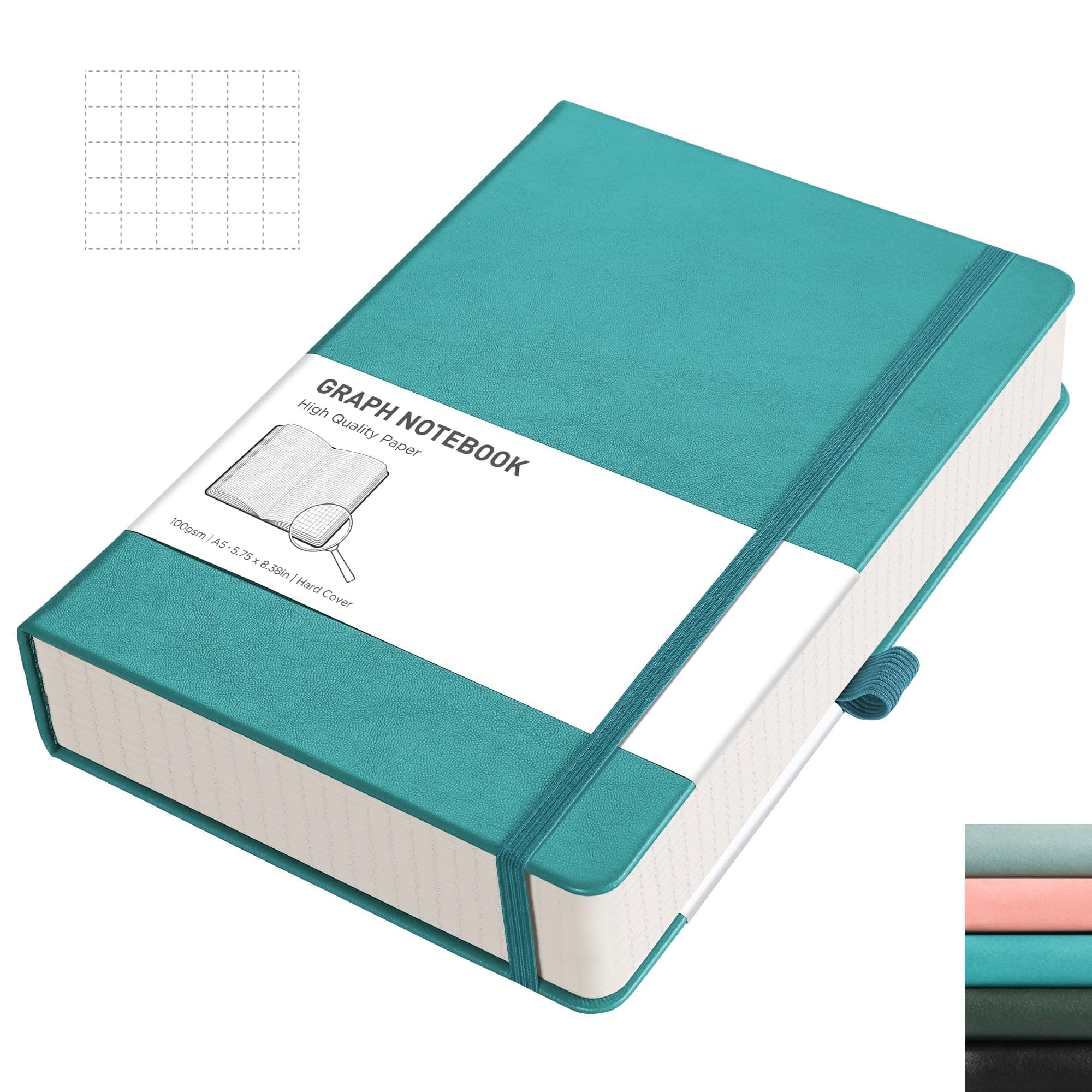 RETTACY Graph Paper Notebook A5 320 Pages Grid Notebook Thick Journal, 100gsm Thick Graph Paper, Leather Hardcover, Inner Pocket, for Office School Work Women Men14.5 x 21cm - Cyan