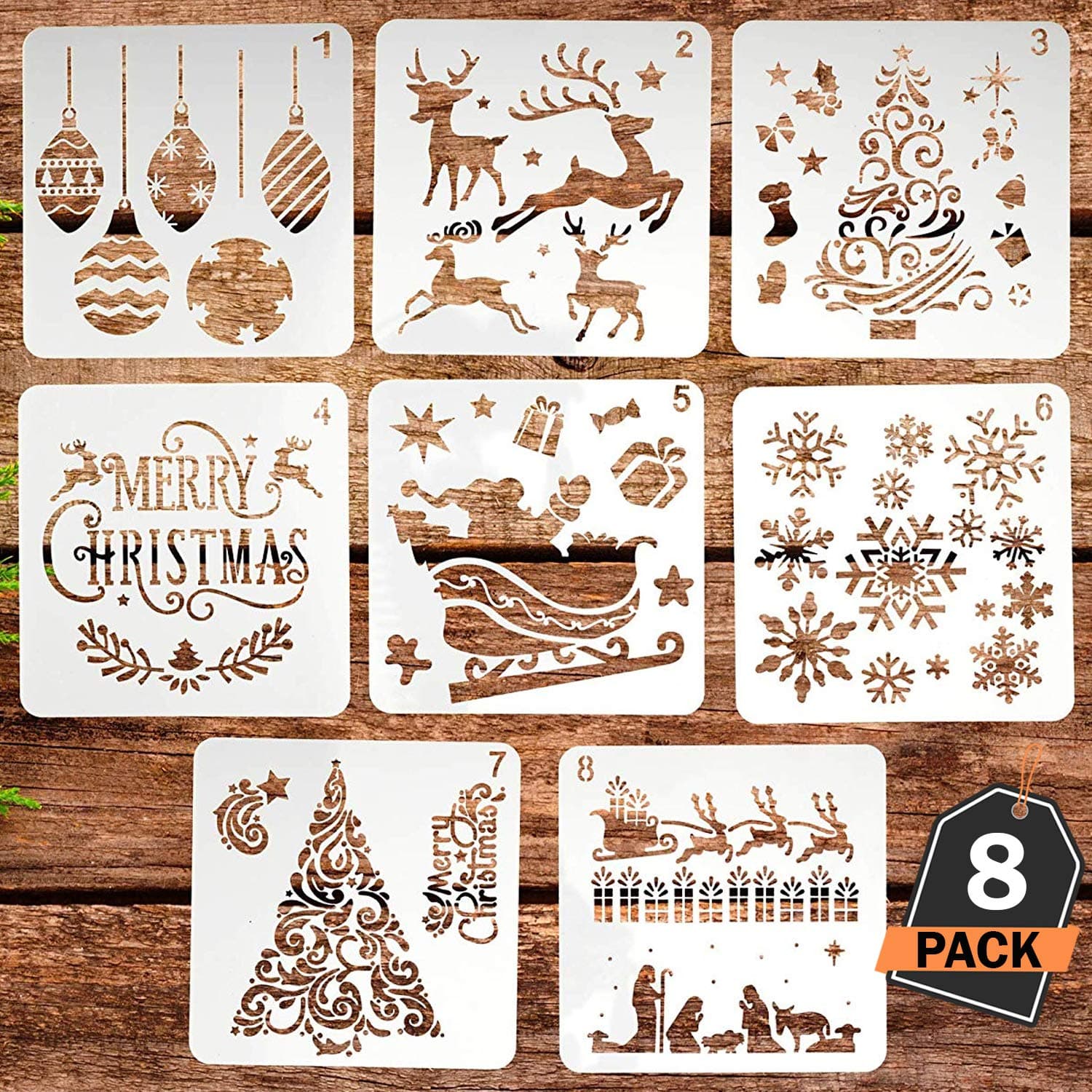 Kompanion Christmas Stencils Set, Plastic Decorating Tool for Christmas Cards and Children's Crafts, Washable, 8 Different Designs